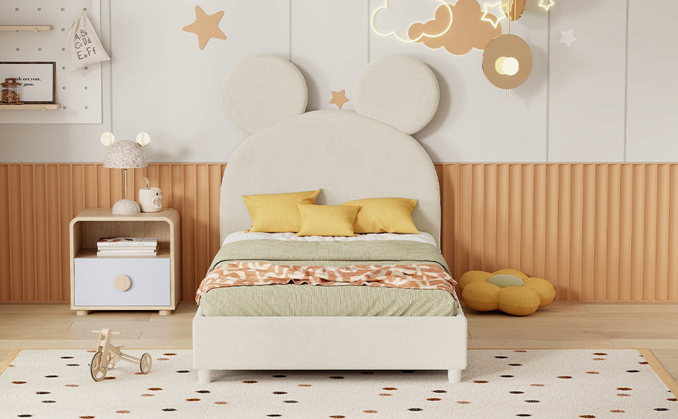Twin Size Upholstered Platform Bed with Bear Ear Shaped Headboard, Beige - Atlantic Fine Furniture Melbourne FL