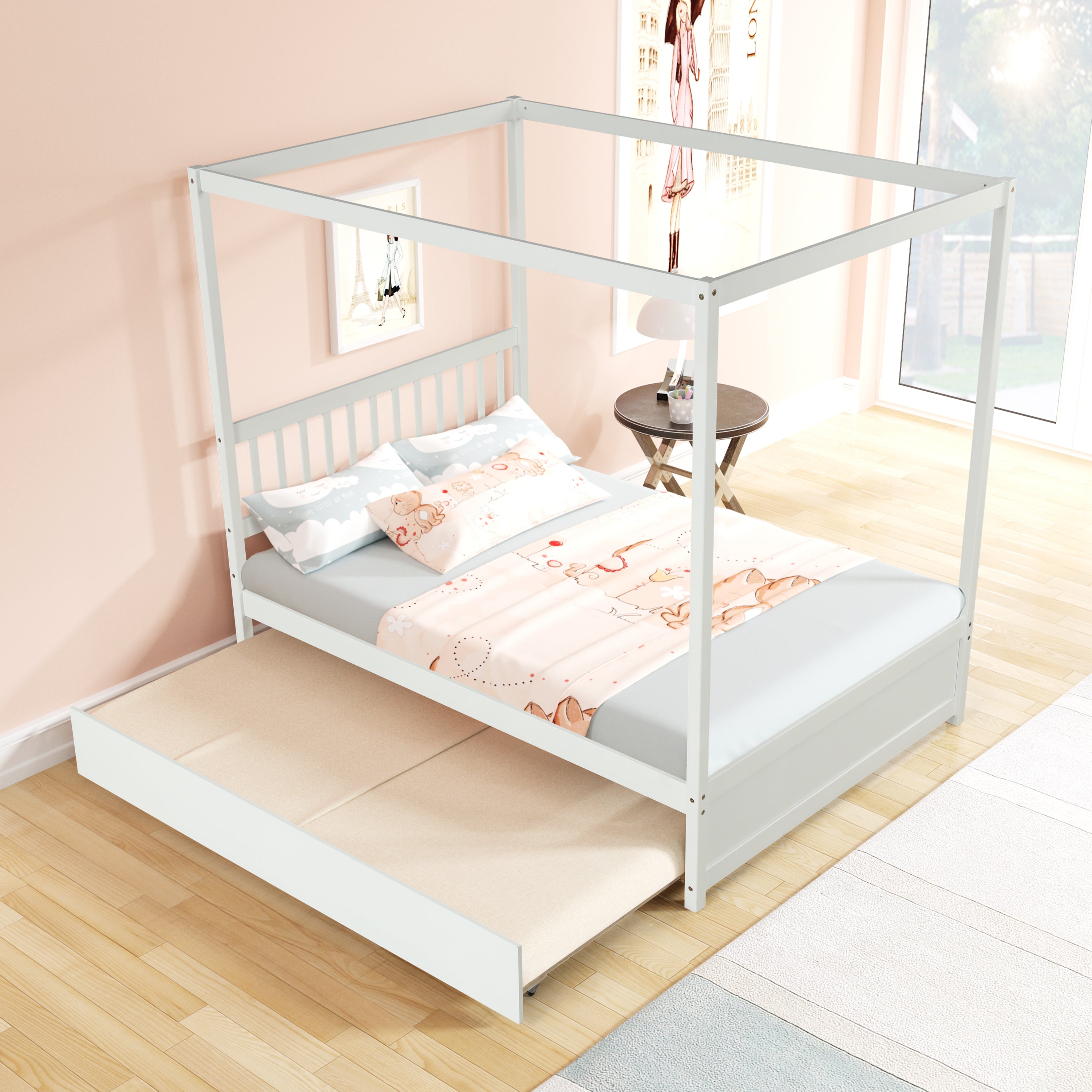 Full Size Canopy Bed with Twin Trundle, Kids Solid Wood Platform Bed Frame w/ Headboard, No Box Spring Needed White Color