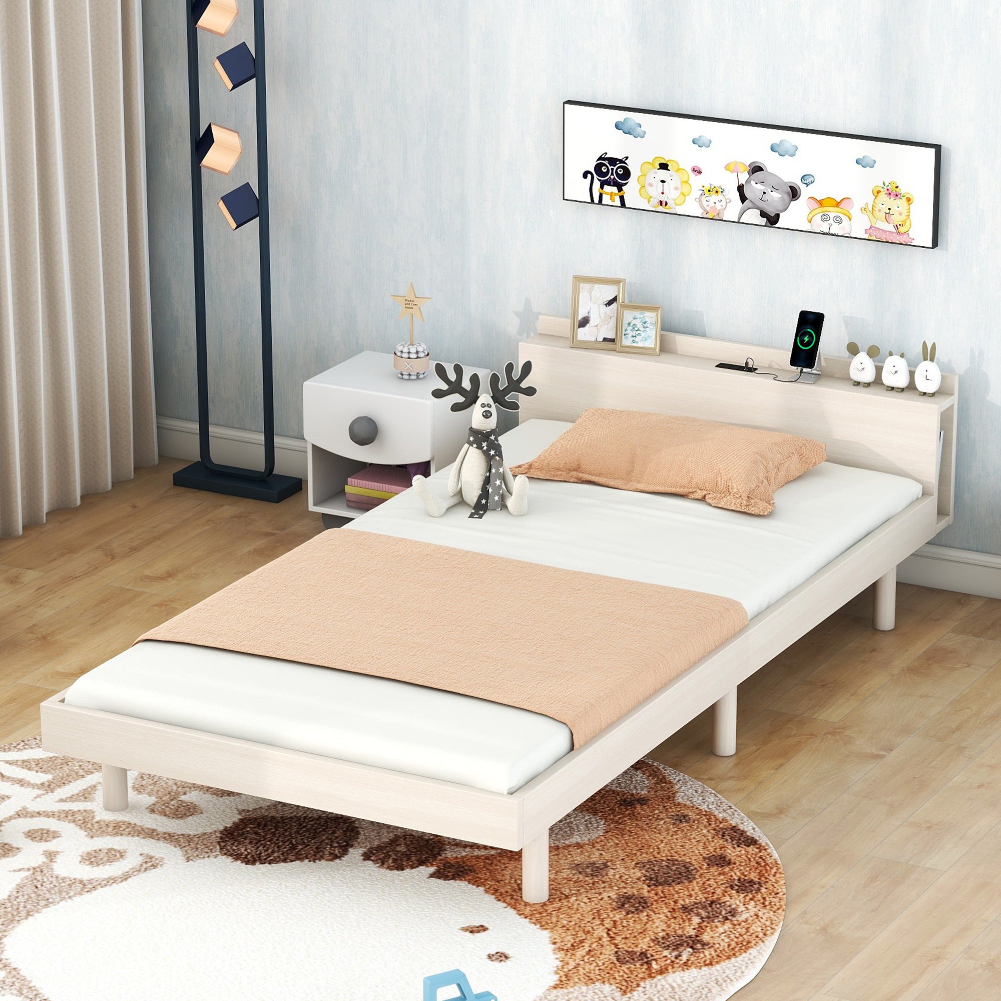 Modern Design Twin Size Platform Bed Frame with Built-in USB Ports for White Washed Color - Atlantic Fine Furniture Melbourne FL