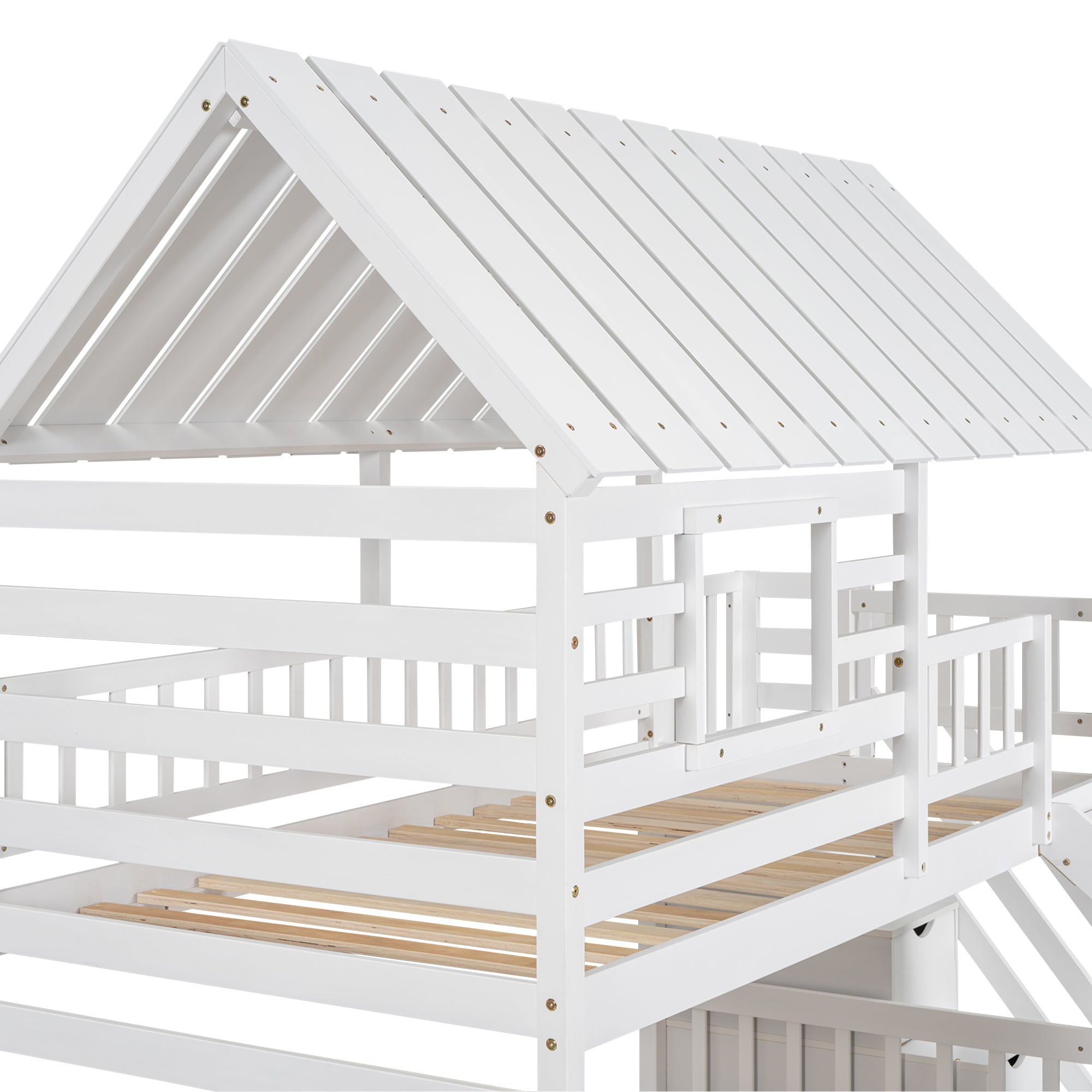 Twin over Twin House Bunk Bed with Trundle and Slide, Storage Staircase, Roof and Window Design, White(Old SKU: GX000931AAK) - Atlantic Fine Furniture Melbourne FL