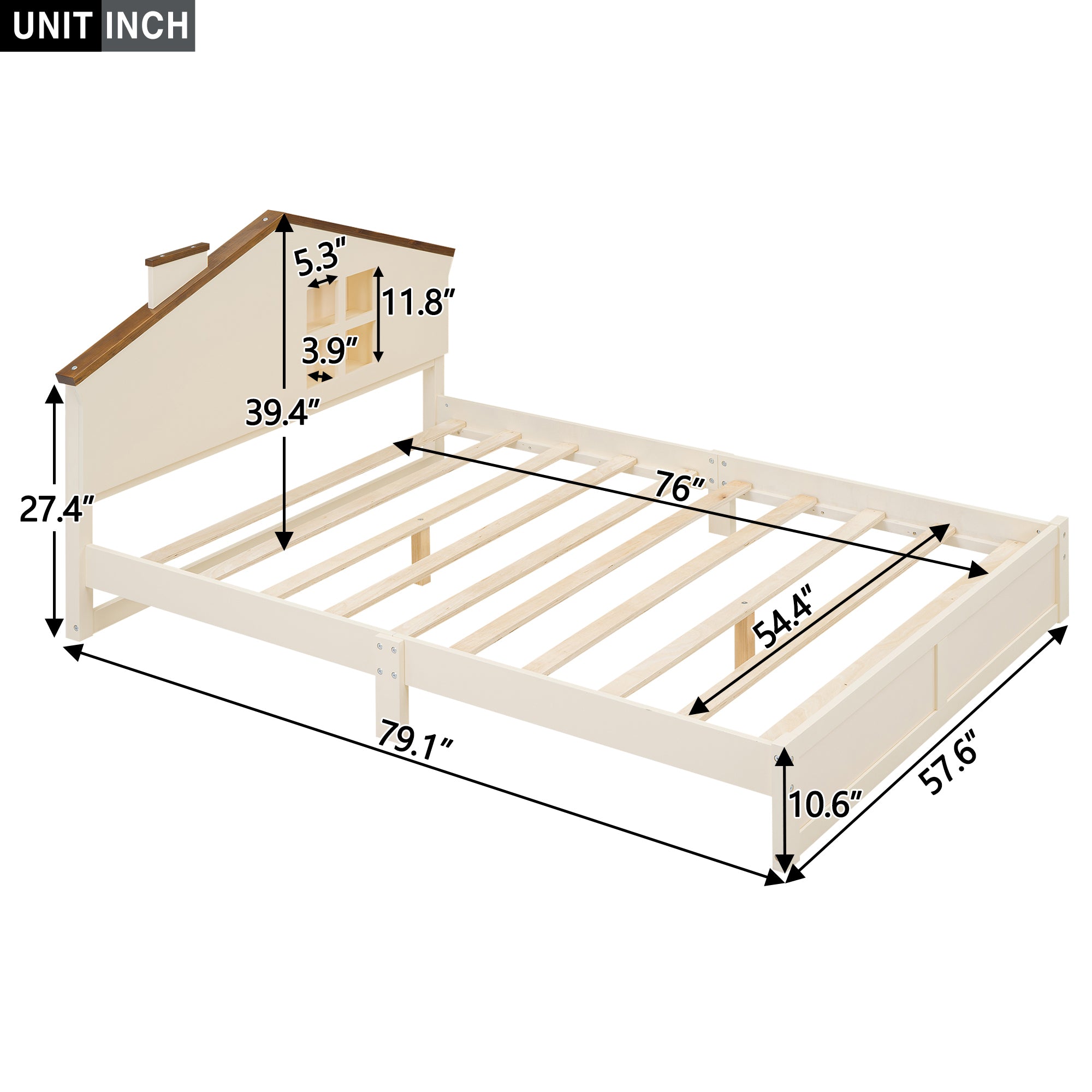 Full Size Wood Platform Bed with House-shaped Headboard and Built-in LED, Walnut+Milk White - Atlantic Fine Furniture Melbourne FL