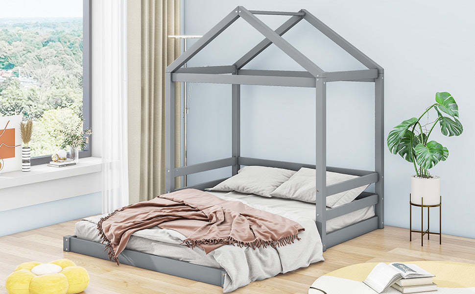 Wood Full Size House Bed with Guardrail, Grey - Atlantic Fine Furniture Melbourne FL