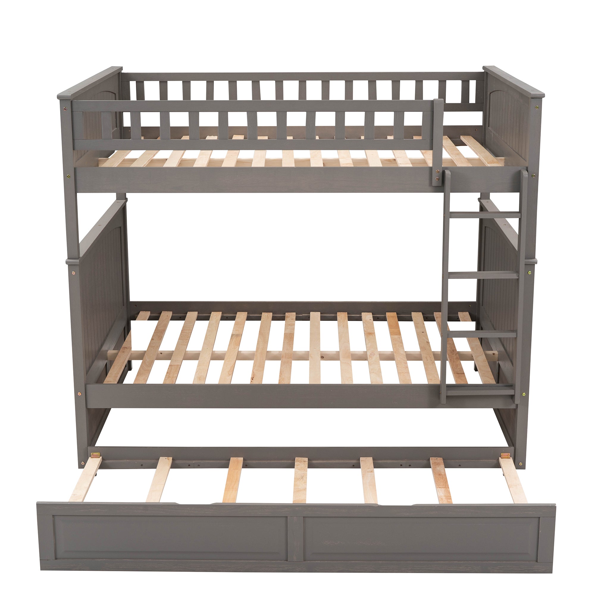 Full Over Full Bunk Bed with Twin Size Trundle, Pine Wood Bunk Bed with Guardrails, Brushed Gray(Old SKU:LP000044AAN)