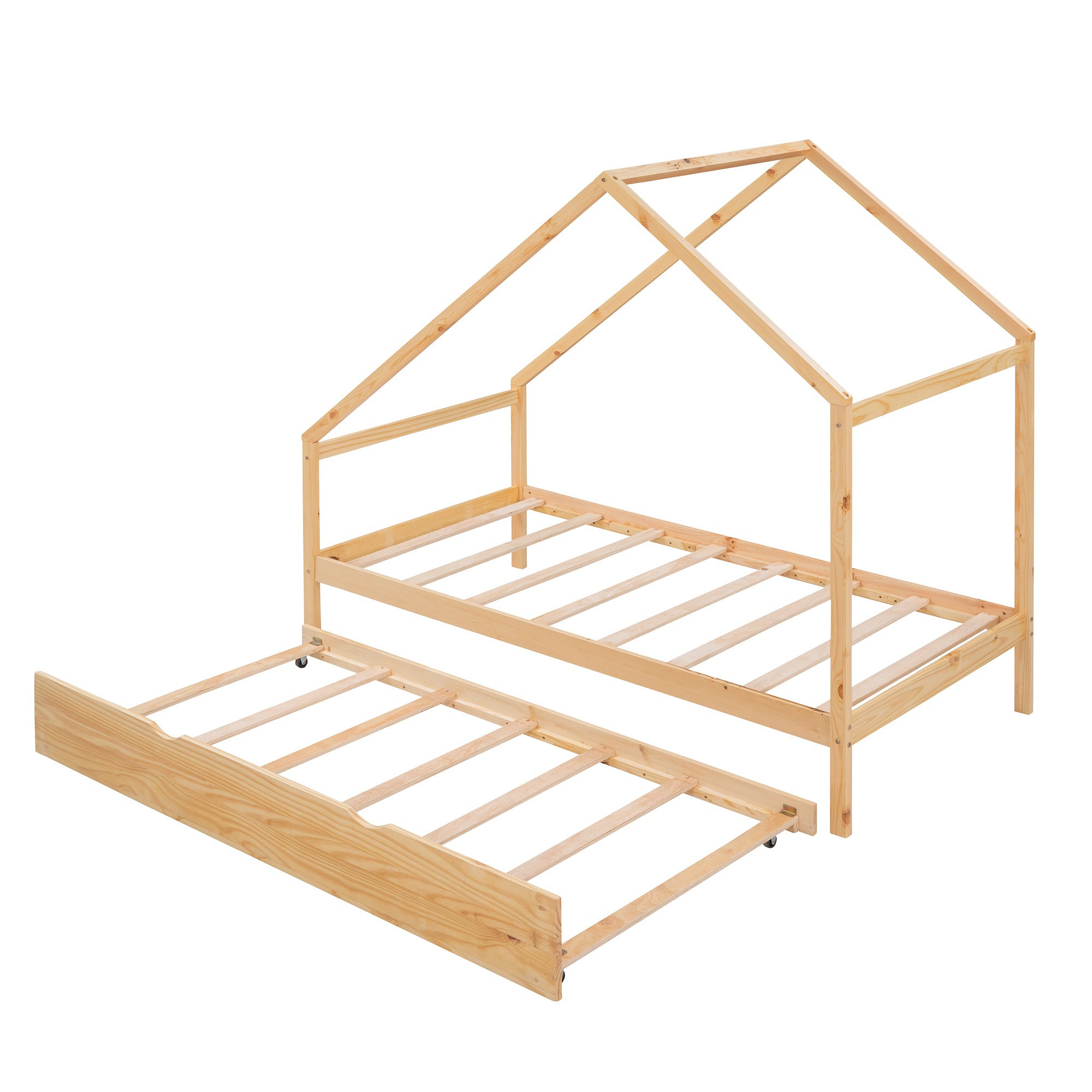 Twin Size Wooden House Bed With Twin Size Trundle, Natural - Atlantic Fine Furniture Melbourne FL