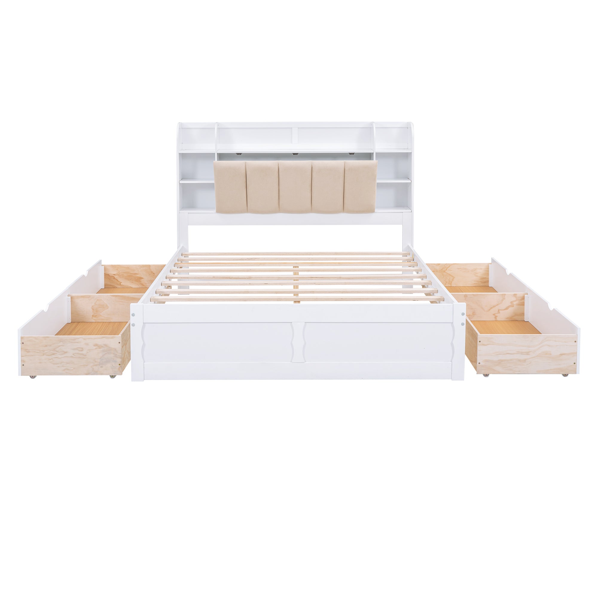 Wood Queen Size Platform Bed with Storage Headboard, Shelves and 4 Drawers, White