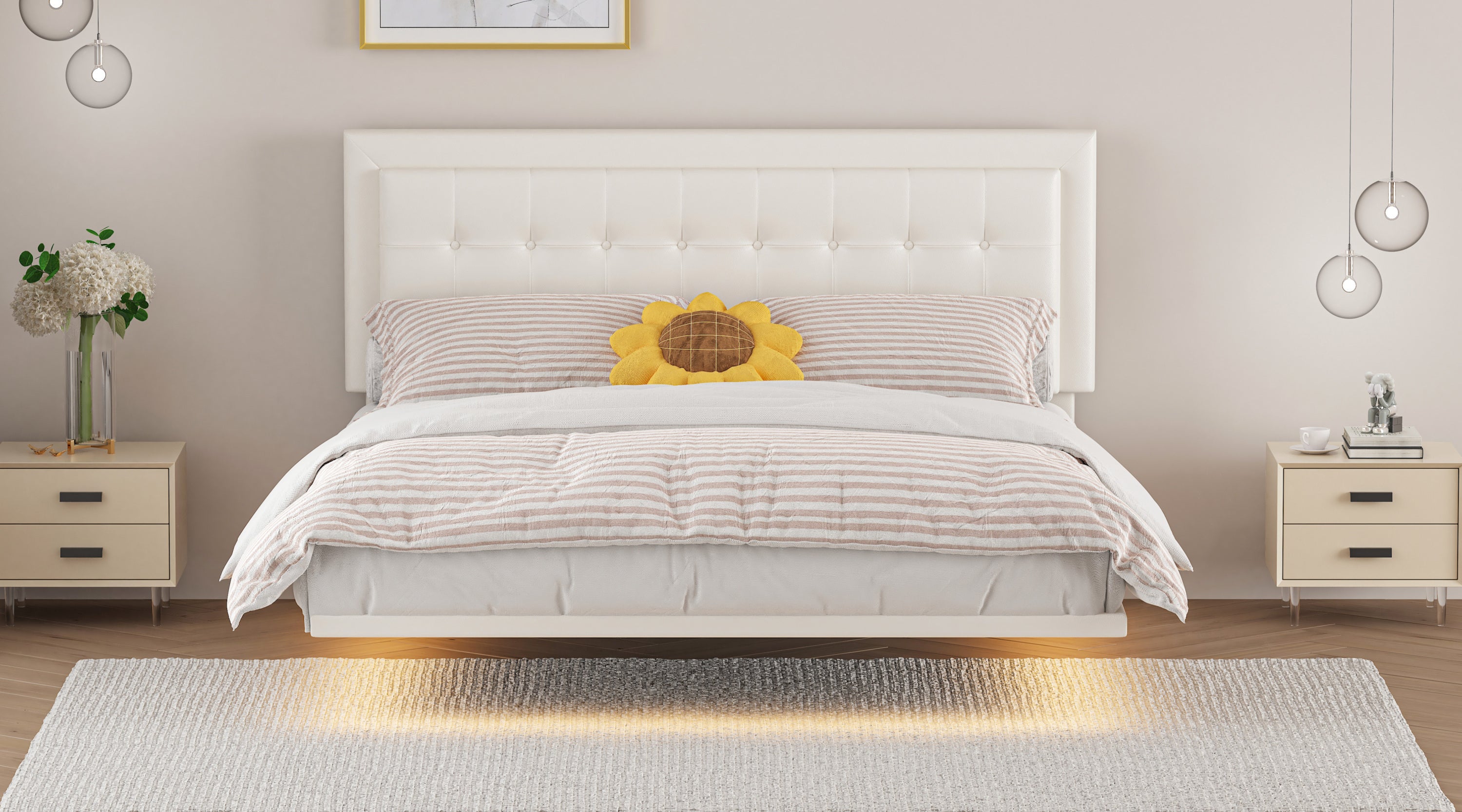 Queen Size Floating Bed Frame with Motion Activated Night Lights,Modern PU Upholstered Button Tufted Platform Bed Frame,White - Atlantic Fine Furniture Melbourne FL