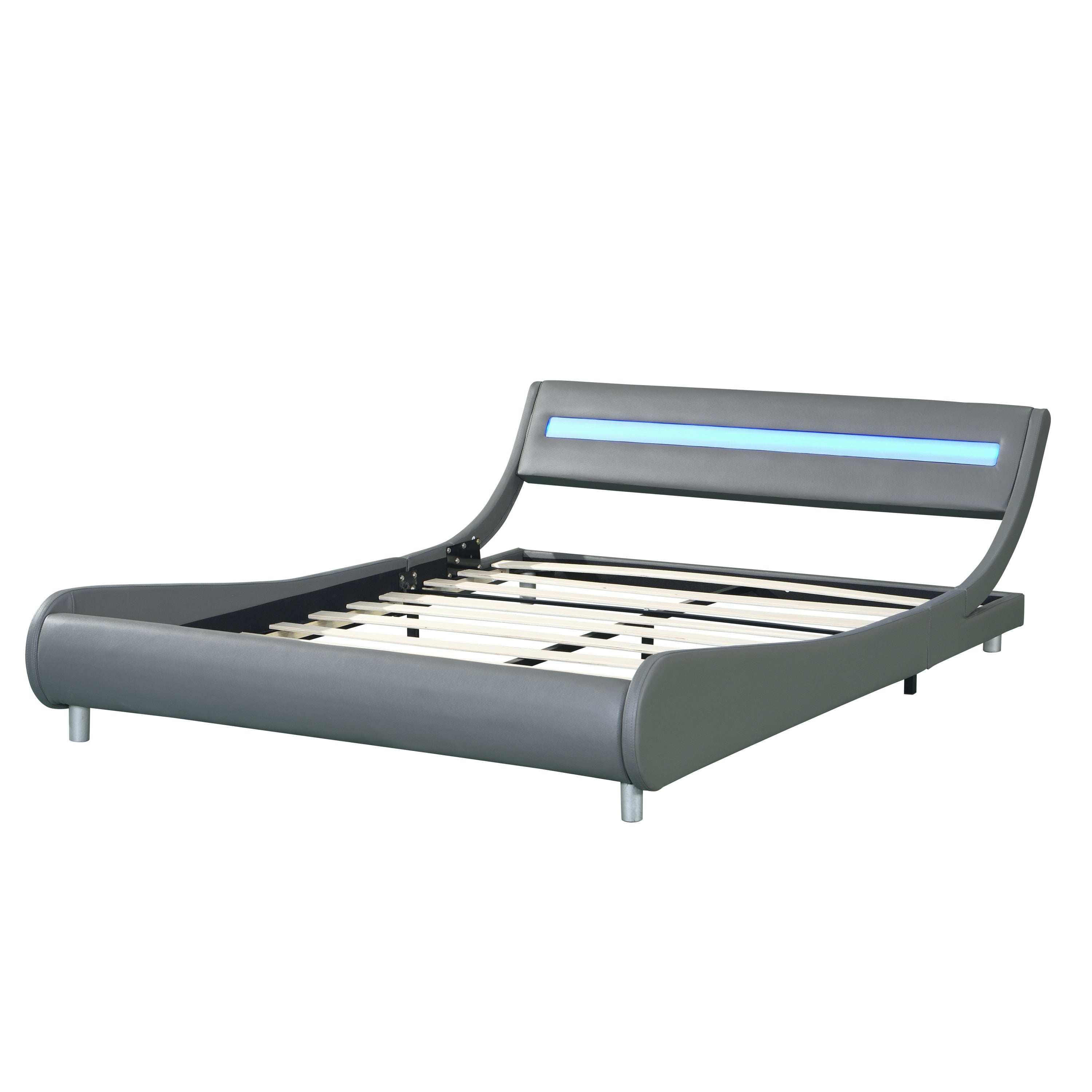 Faux Leather Upholstered Platform Bed Frame with led lighting , Curve Design, Wood Slat Support, No Box Spring Needed, Easy Assemble, Queen Size, Gray - Atlantic Fine Furniture Melbourne FL