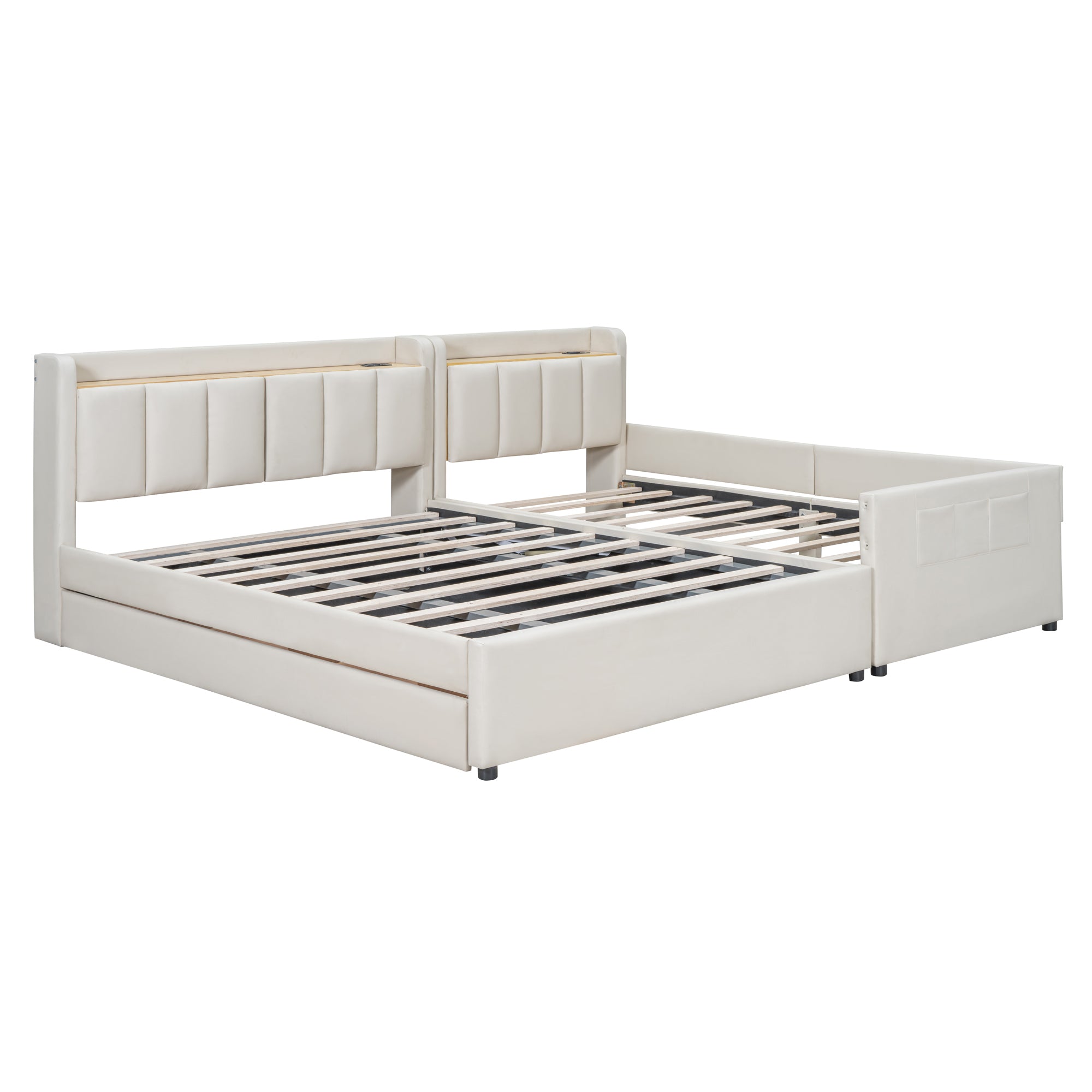 Queen Size & Twin XL Size Upholstered Platform Bed, Mother & Child Bed with Hydraulic Storage System, Drawer Box, Bedhead storage shelf and Two pairs of sockets & USB Ports, PU Leather, Beige