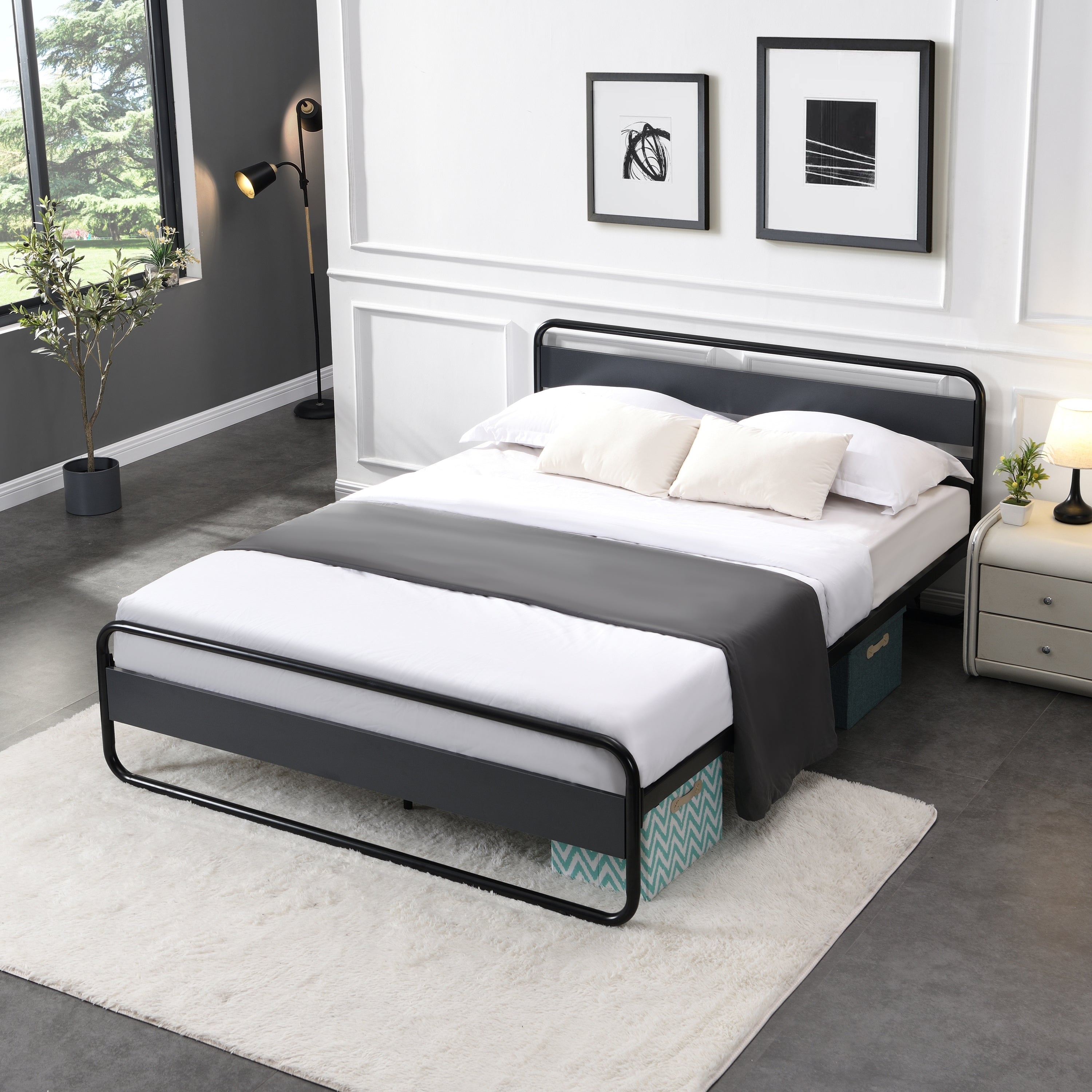 Industrial Platform Queen Bed Frame/Mattress Foundation with Rustic Headboard and Footboard, Strong Steel Slat Support, No Box Spring Needed, Noise Free, Easy Assembly - Atlantic Fine Furniture Melbourne FL