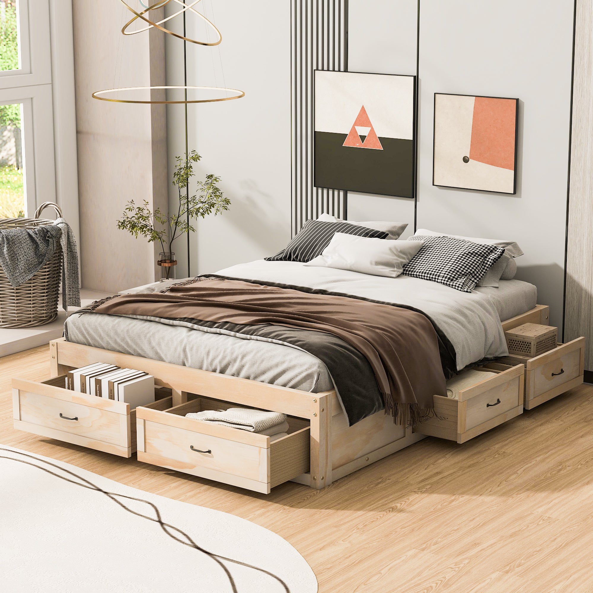 Queen Size Platform Bed with 6 Storage Drawers,Antique Natural - Atlantic Fine Furniture Melbourne FL