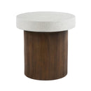 Mgo Cylindrical Side Table With Faux Stone Top And Wood Faux Base - Antique White / Natural
