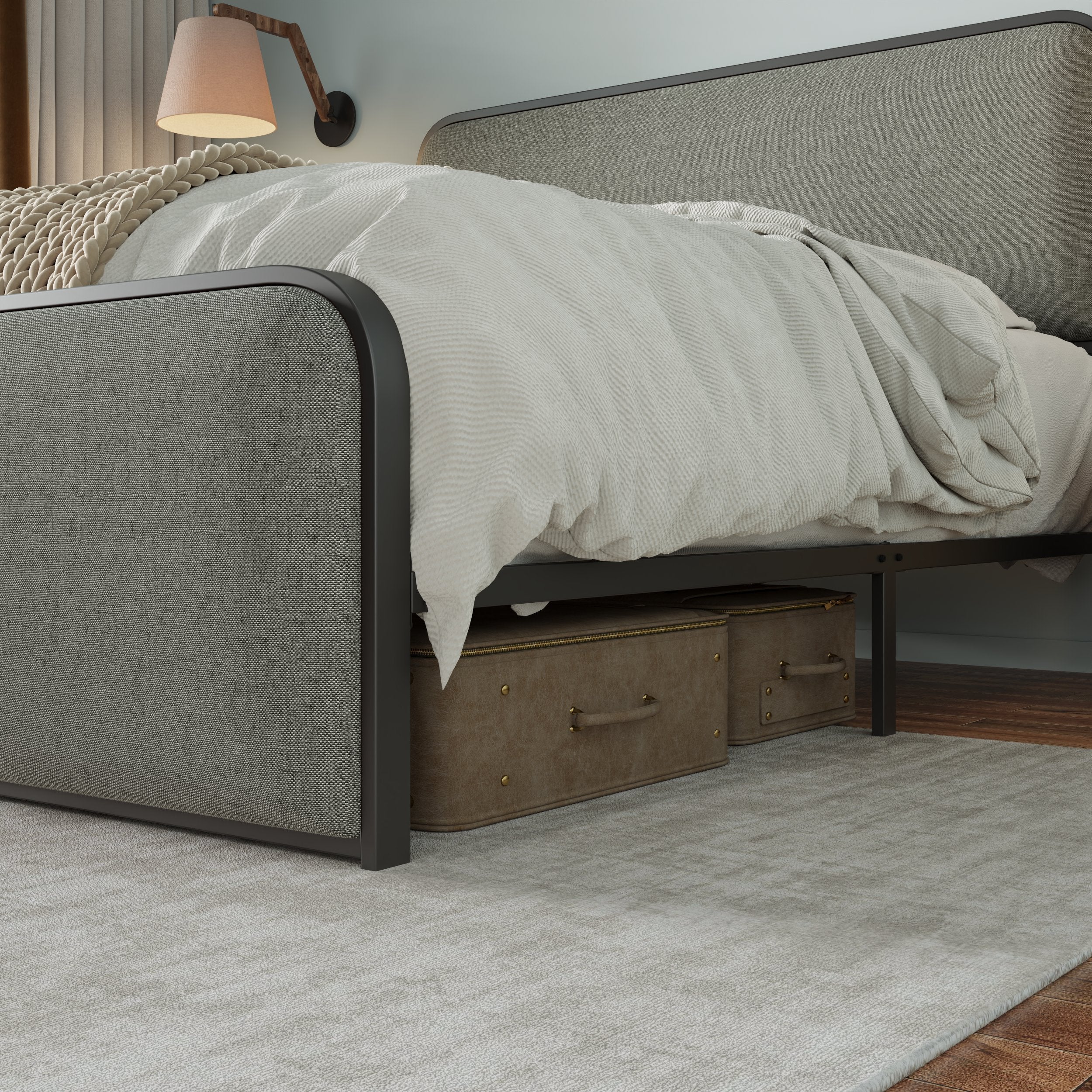 Modern Metal Bed Frame with Curved Upholstered Headboard and Footboard Bed with Under Bed Storage, Heavy Duty Metal Slats, King Size, Grey - Atlantic Fine Furniture Melbourne FL