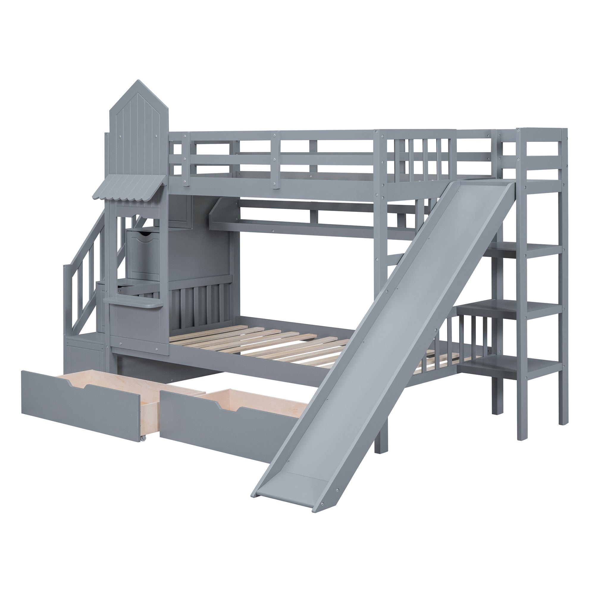 Twin-Over-Twin Castle Style Bunk Bed with 2 Drawers 3 Shelves and Slide - Gray - Atlantic Fine Furniture Melbourne FL
