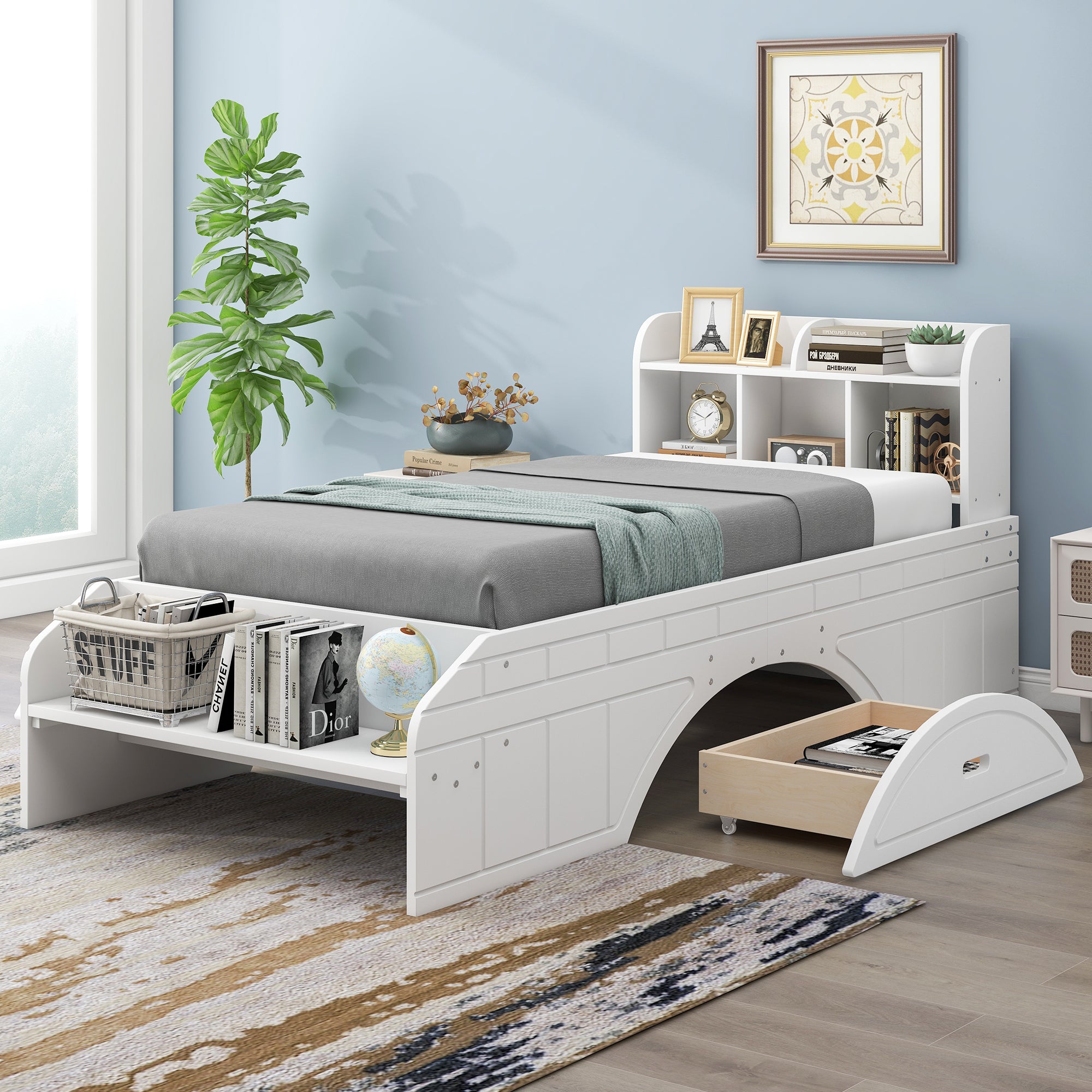 Wood Twin Size Platform Bed with 2 Drawers, Storage Headboard and Footboard, White - Atlantic Fine Furniture Melbourne FL