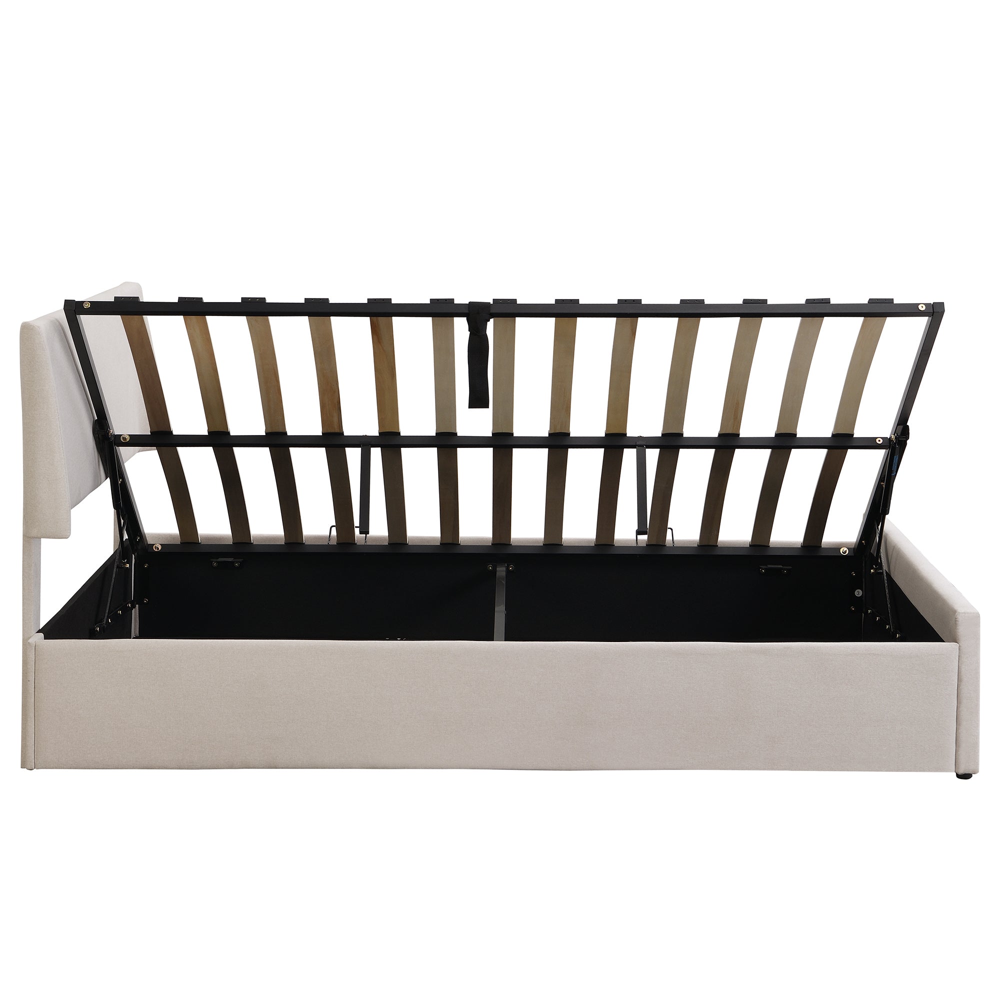 Queen Size Sleigh Bed with Side-Tilt Hydraulic Storage System, Linen Upholstery, Beige - Atlantic Fine Furniture Melbourne FL