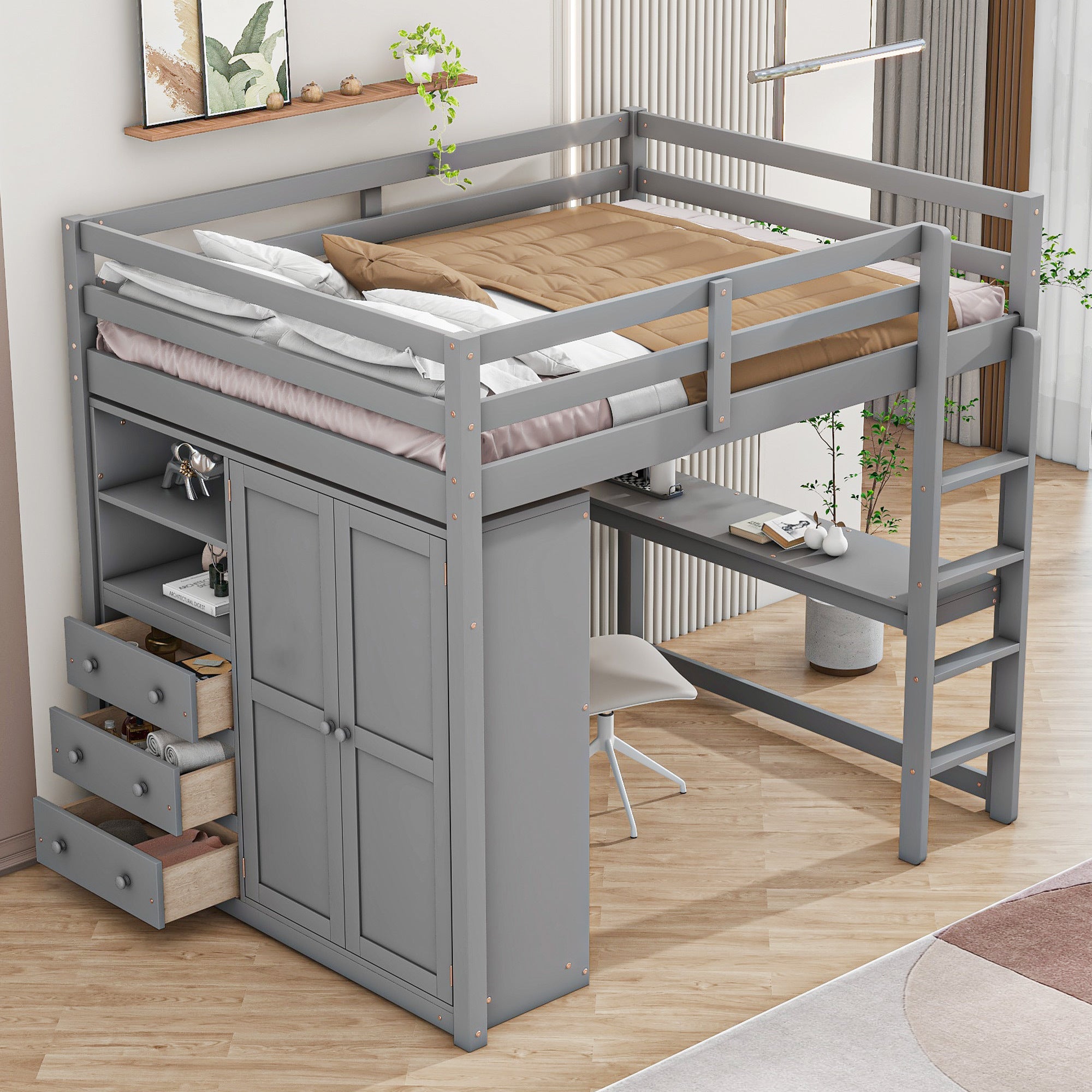 Wood Full Size Loft Bed with Built-in Wardrobe, Desk, Storage Shelves and Drawers, Gray - Atlantic Fine Furniture Melbourne FL