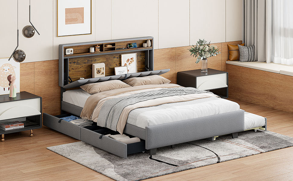 Queen size Upholstered Platform Bed with Storage Headboard, Twin XL Size Trundle & 2 drawers and a set of Sockets & USB Ports, Linen Fabric, Gray - Atlantic Fine Furniture Melbourne FL