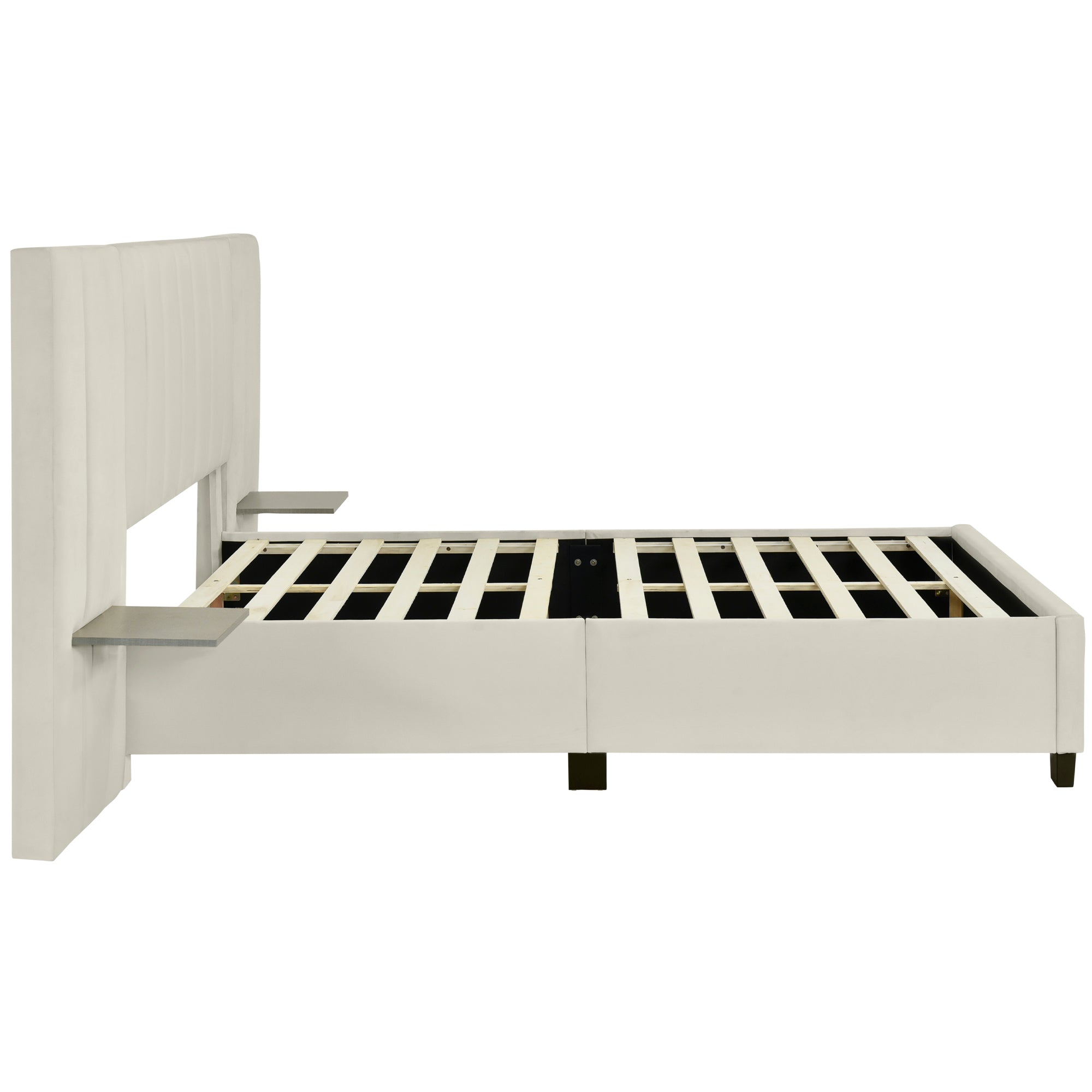 Queen Size Upholstered Platform Bed with Big Headboard, Bedroom Furniture, Velvet, Beige - Atlantic Fine Furniture Melbourne FL