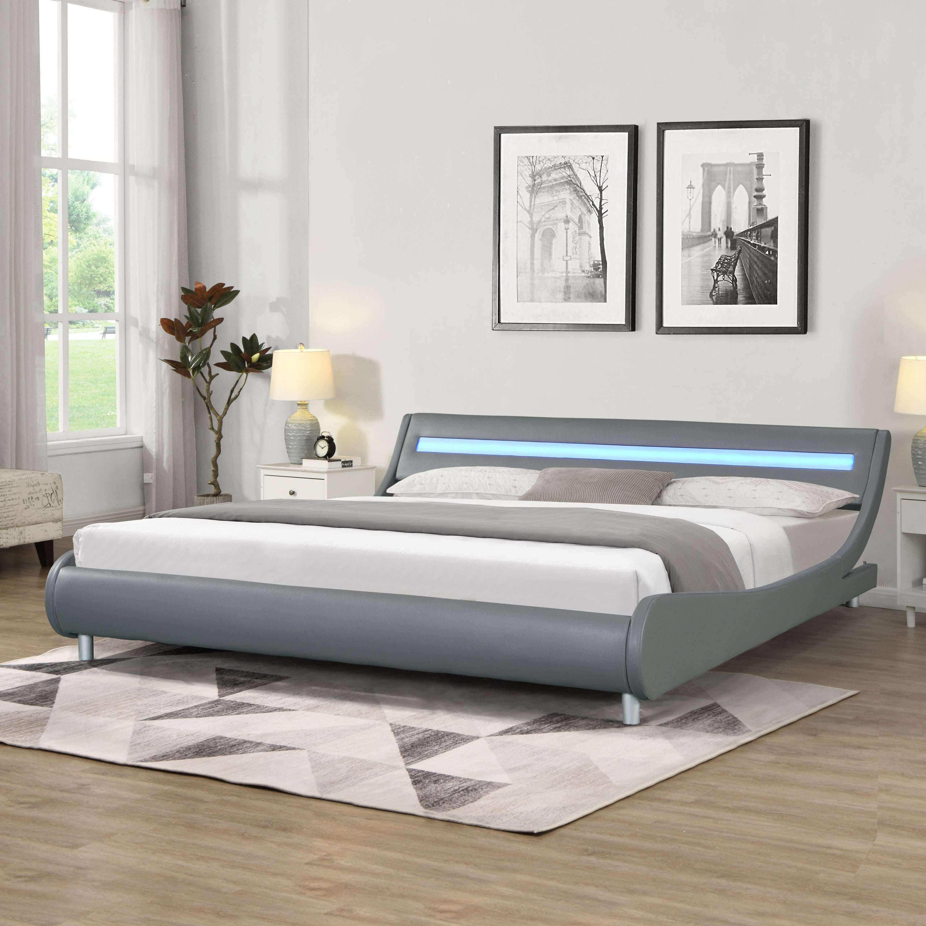 Faux Leather Upholstered Platform Bed Frame with led lighting , Curve Design, Wood Slat Support, No Box Spring Needed, Easy Assemble, King Size, Gray - Atlantic Fine Furniture Melbourne FL