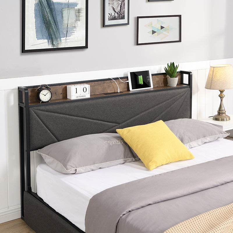 Full Bed Frame, Storage Headboard with Charging Station, Solid and Stable, Noise Free, No Box Spring Needed, Easy Assembly