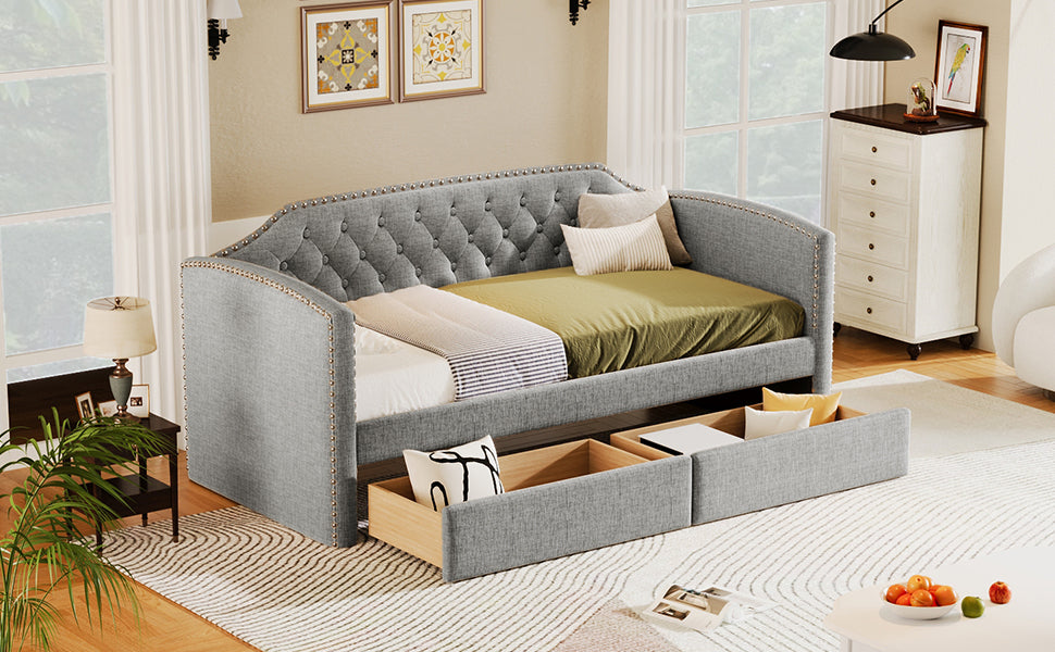Twin Size Upholstered Daybed with Drawers for Guest Room, Small Bedroom, Study Room,Gray - Atlantic Fine Furniture Melbourne FL