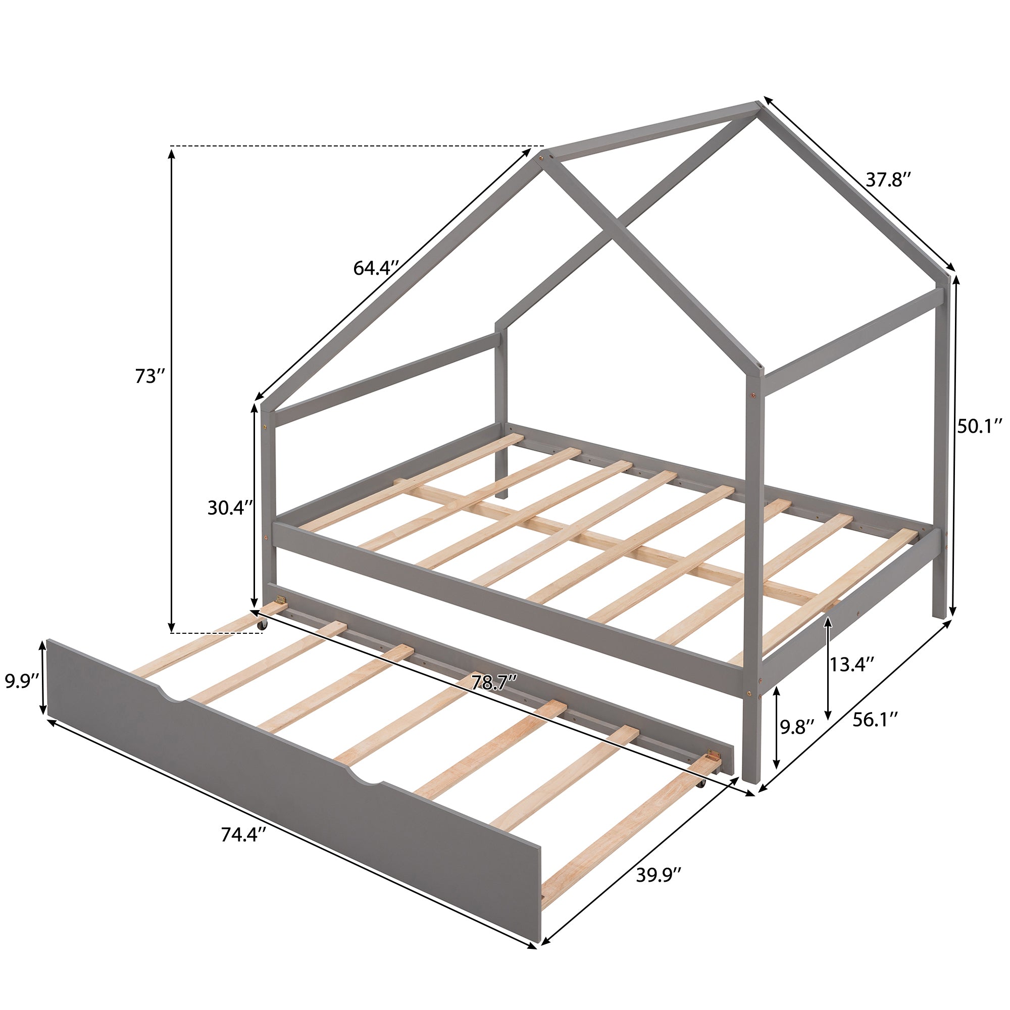 Full Size Wooden House Bed With Twin Size Trundle, GRAY - Atlantic Fine Furniture Melbourne FL