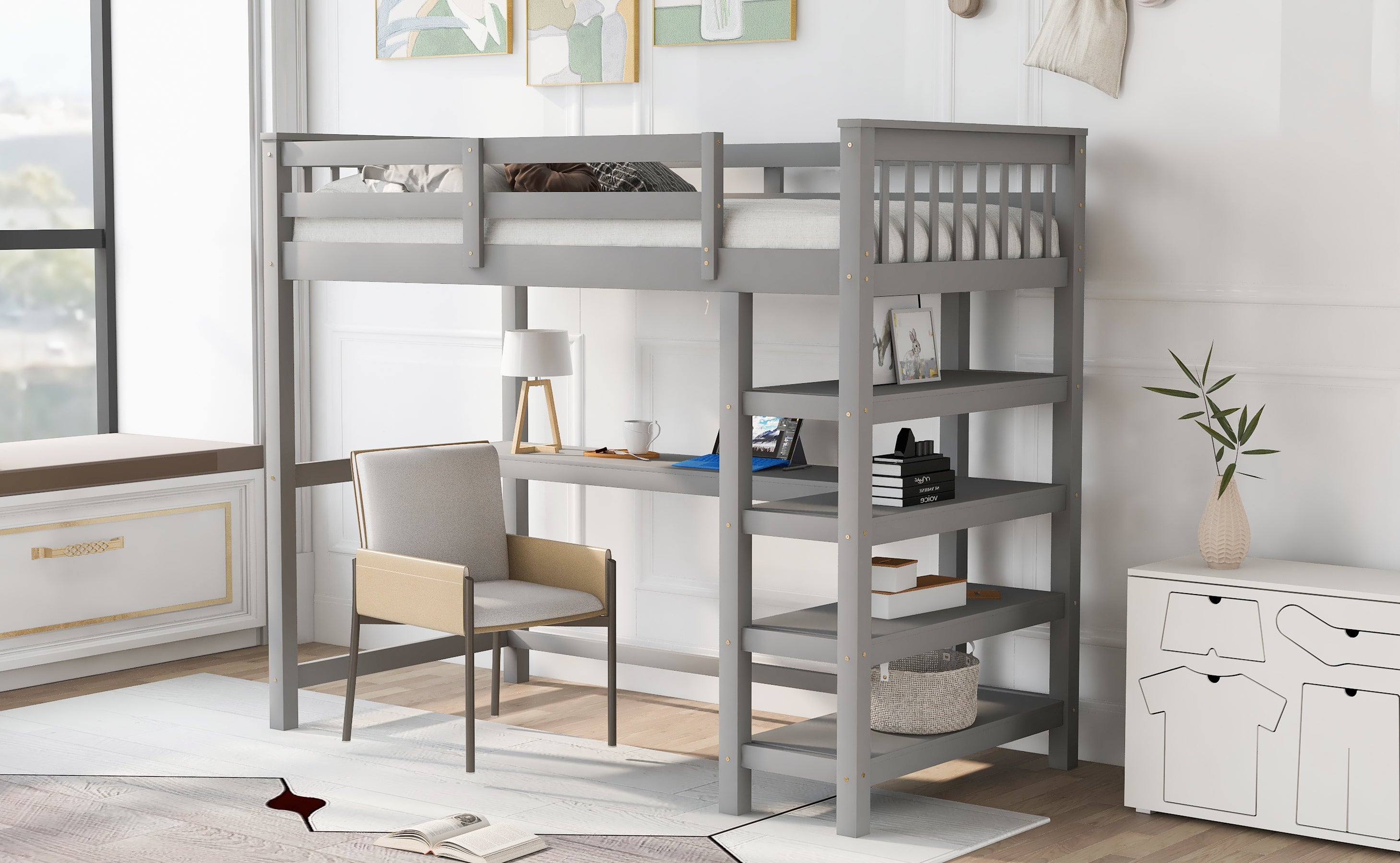 Twin Size Loft Bed with Storage Shelves and Under-bed Desk, Gray(OLD SKU:SM000245AAE-1) - Atlantic Fine Furniture Melbourne FL