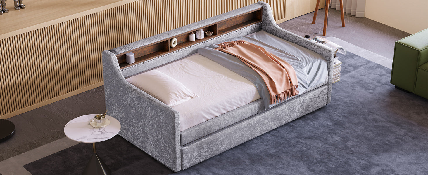 Twin Size Snowflake Velvet Daybed with Trundle and Built-in Storage Shelves,Gray - Atlantic Fine Furniture Melbourne FL