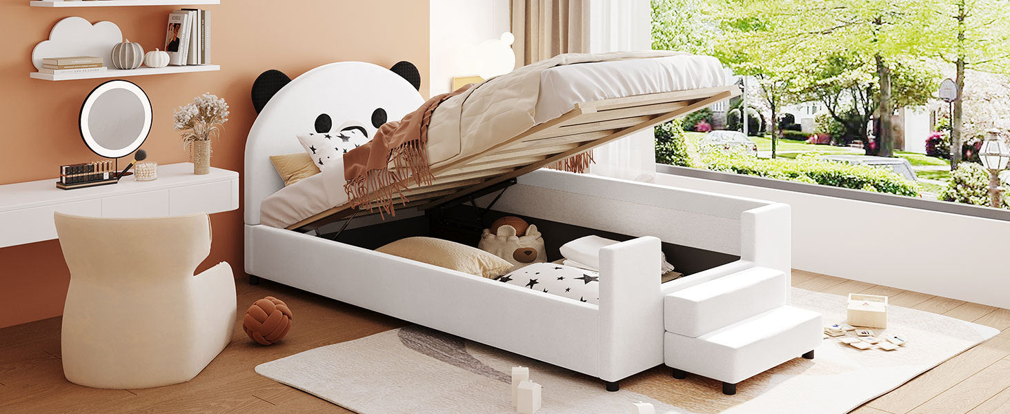 Twin Size Upholstered Daybed with Bear Shaped Headboard, Hydraulic System and Breathable Mesh Fence, White - Atlantic Fine Furniture Melbourne FL