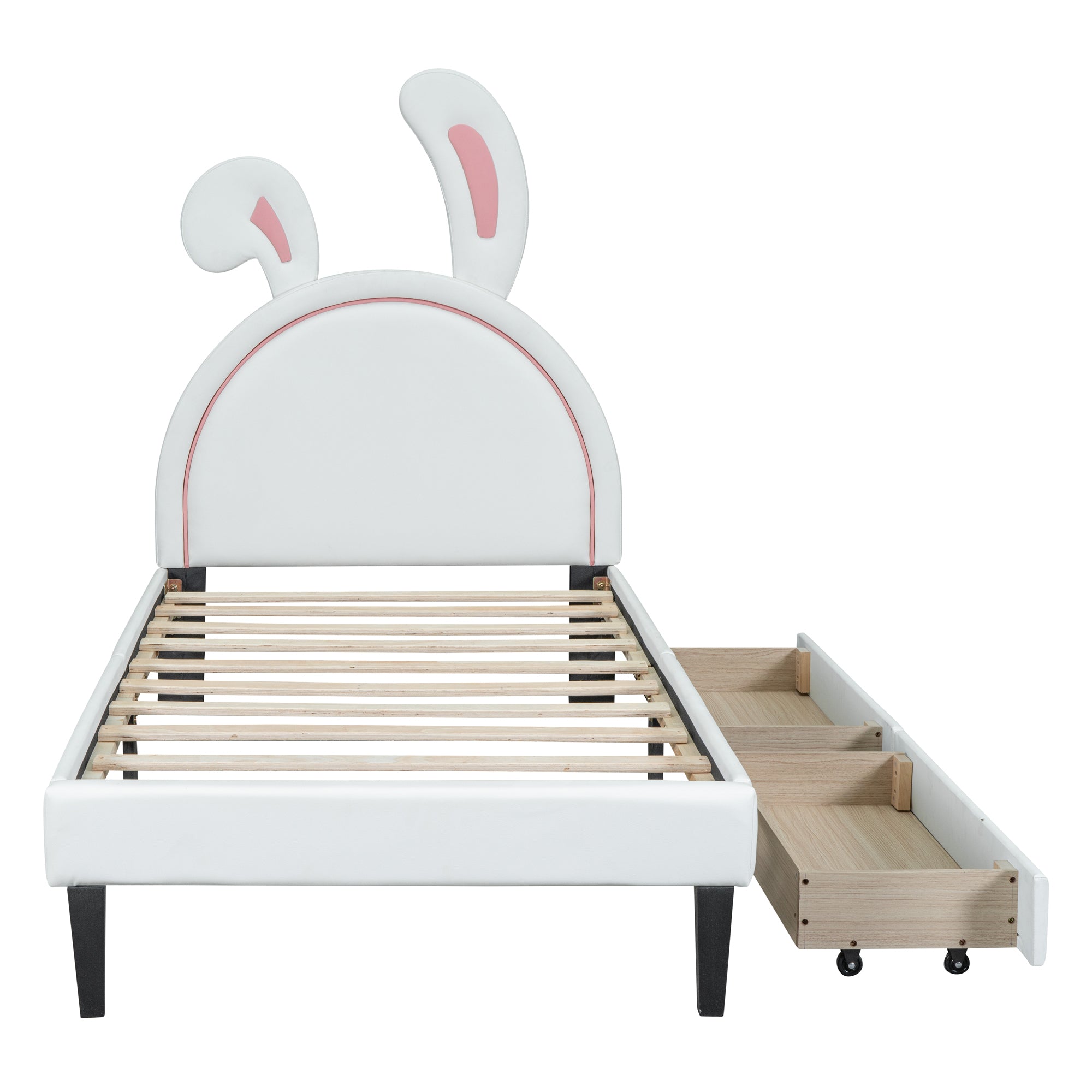 Twin Size Upholstered Leather Platform Bed with Rabbit Ornament and 2 Drawers, White - Atlantic Fine Furniture Melbourne FL