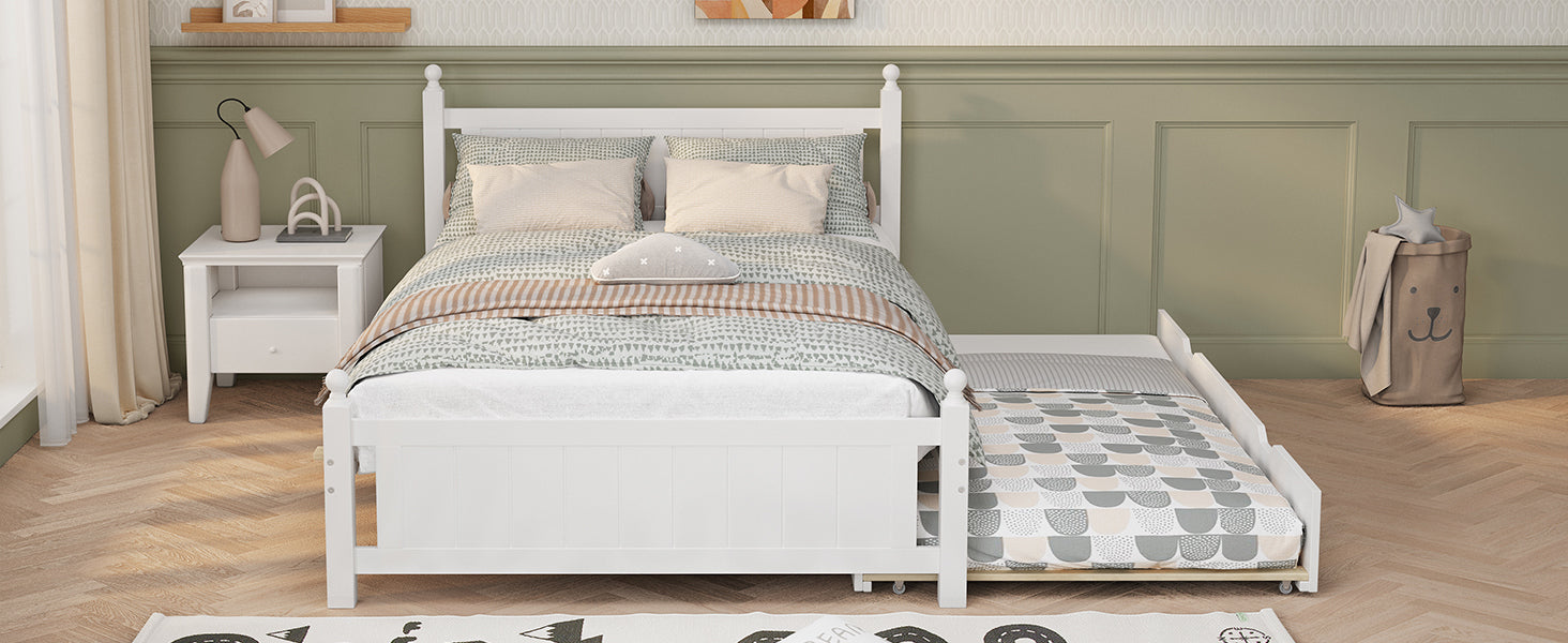 Full Size Solid Wood Platform Bed Frame with trundle for Limited Kids, Teens, Adults, No Need Box Spring, White - Atlantic Fine Furniture Melbourne FL