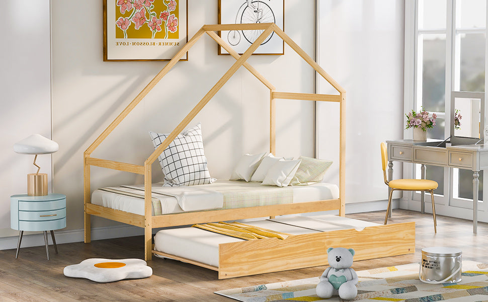 Twin Size Wooden House Bed With Twin Size Trundle, Natural - Atlantic Fine Furniture Melbourne FL