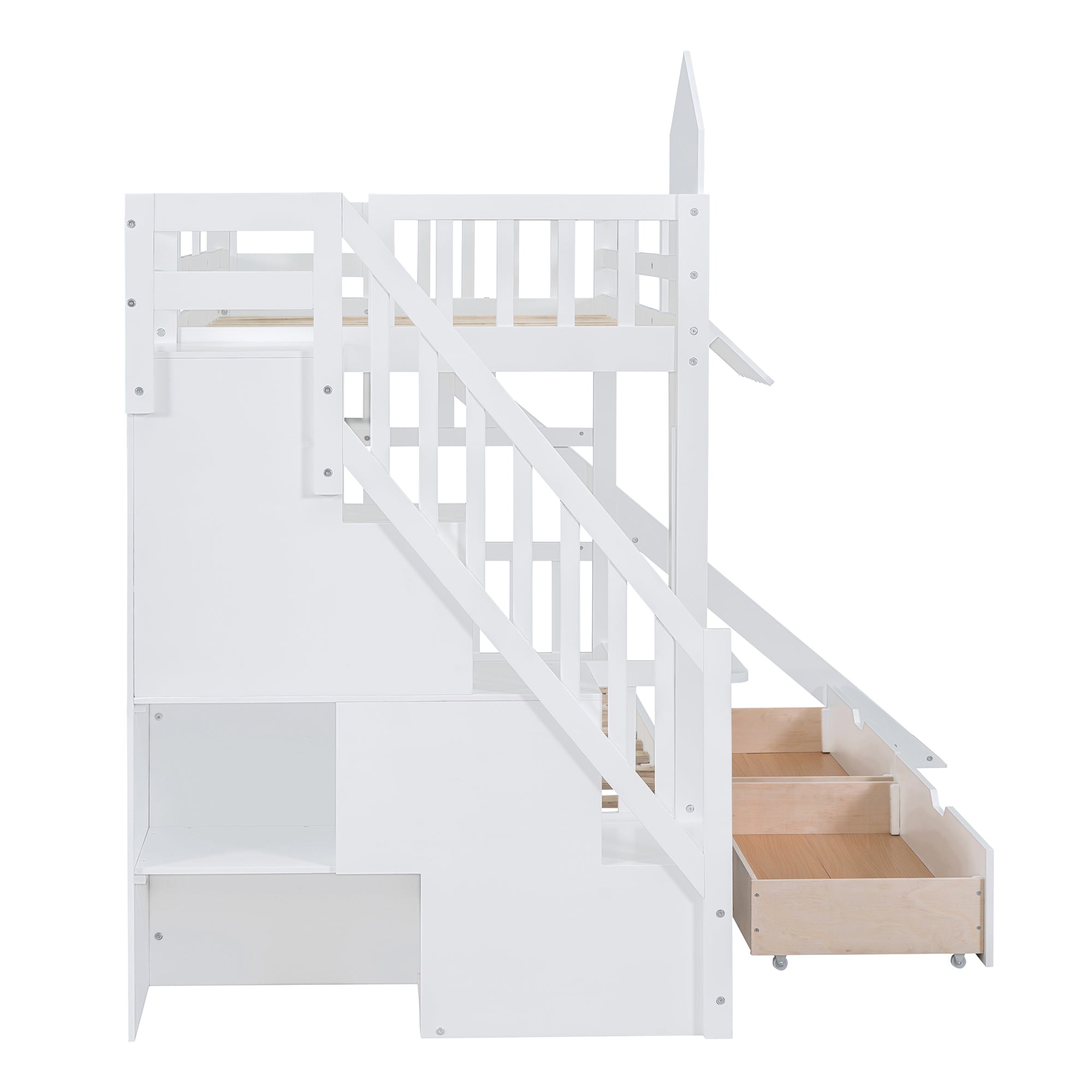Twin-Over-Twin Castle Style Bunk Bed with 2 Drawers 3 Shelves and Slide - White - Atlantic Fine Furniture Melbourne FL
