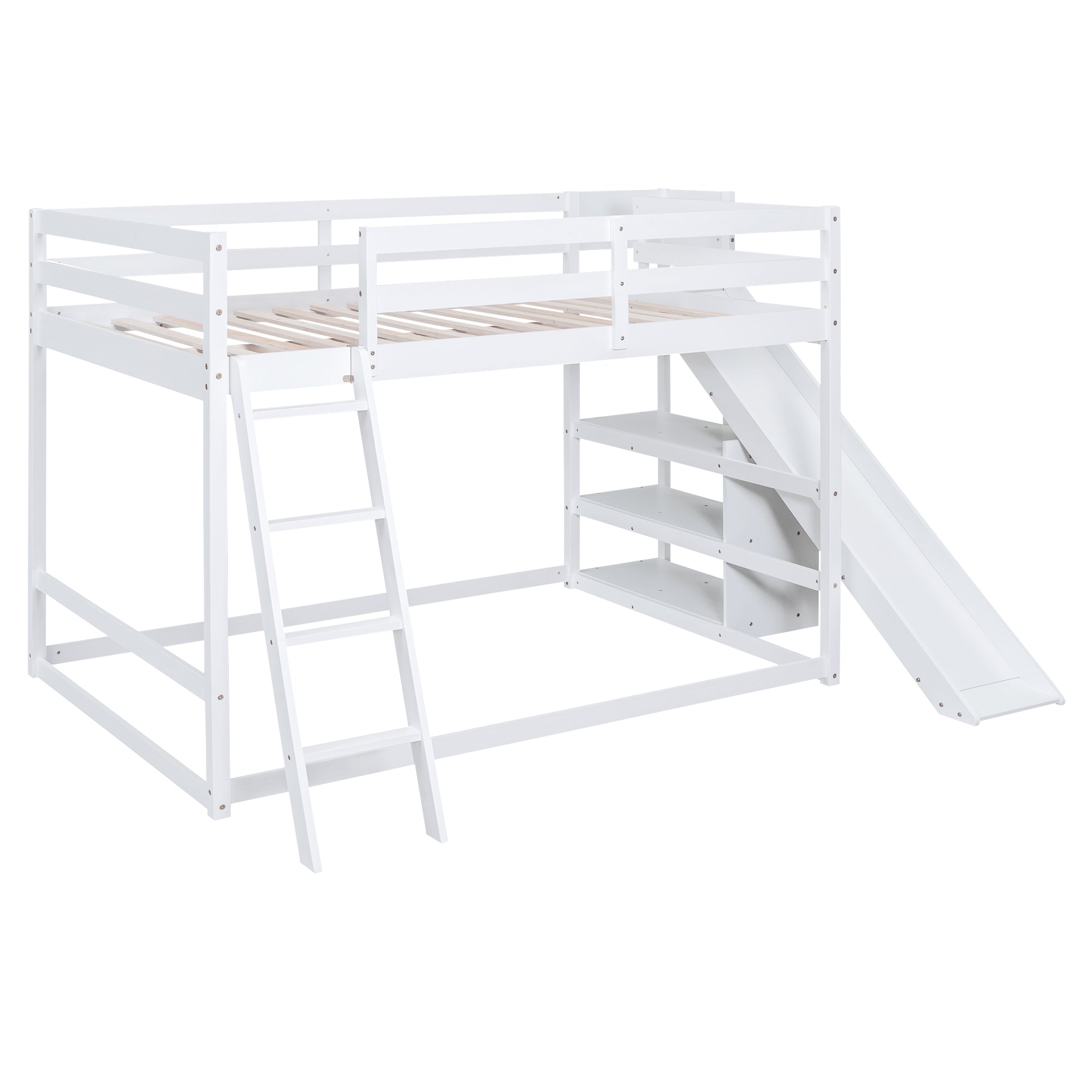 Full over Full Bunk Bed with Ladder, Slide and Shelves, White - Atlantic Fine Furniture Melbourne FL