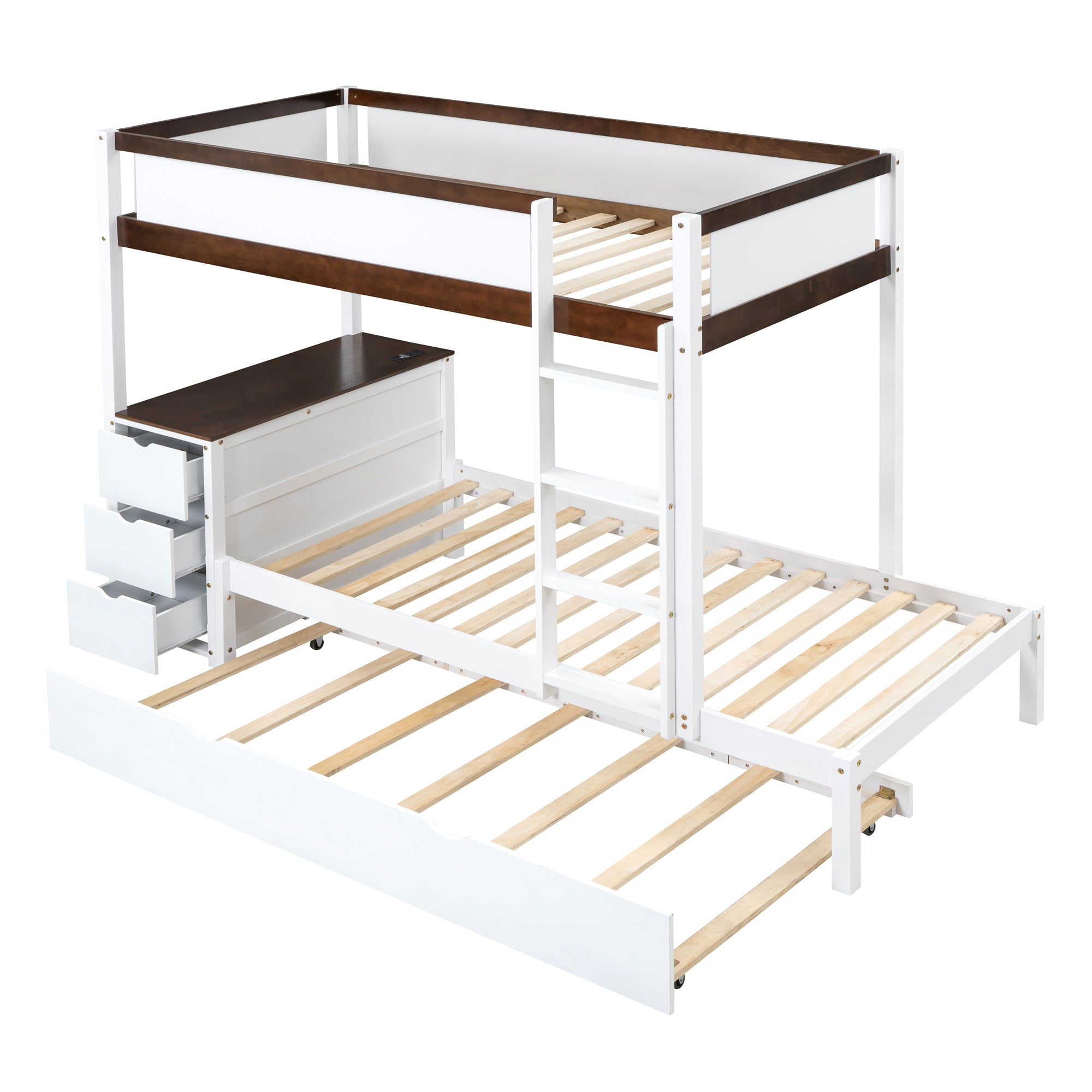 Twin-Over-Twin Bunk Bed with Twin size Trundle, Storage and Desk, White+Walnut - Atlantic Fine Furniture Melbourne FL
