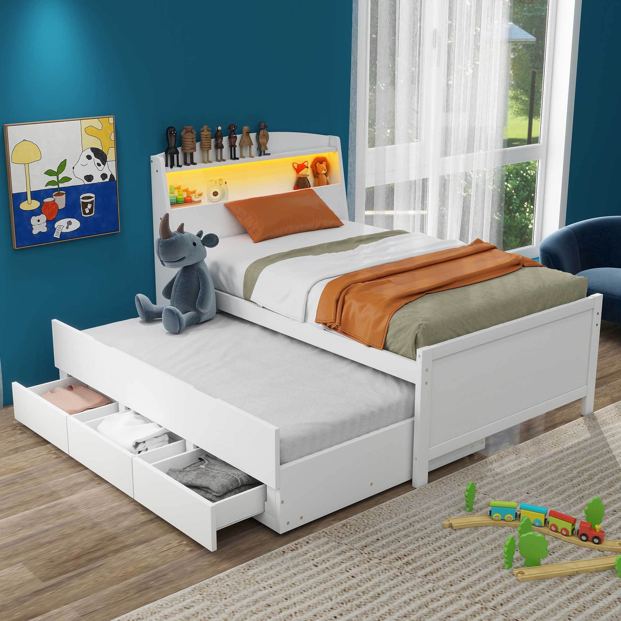 Twin Size Platform Bed with Storage LED Headboard, Twin Size Trundle and 3 Drawers, White - Atlantic Fine Furniture Melbourne FL