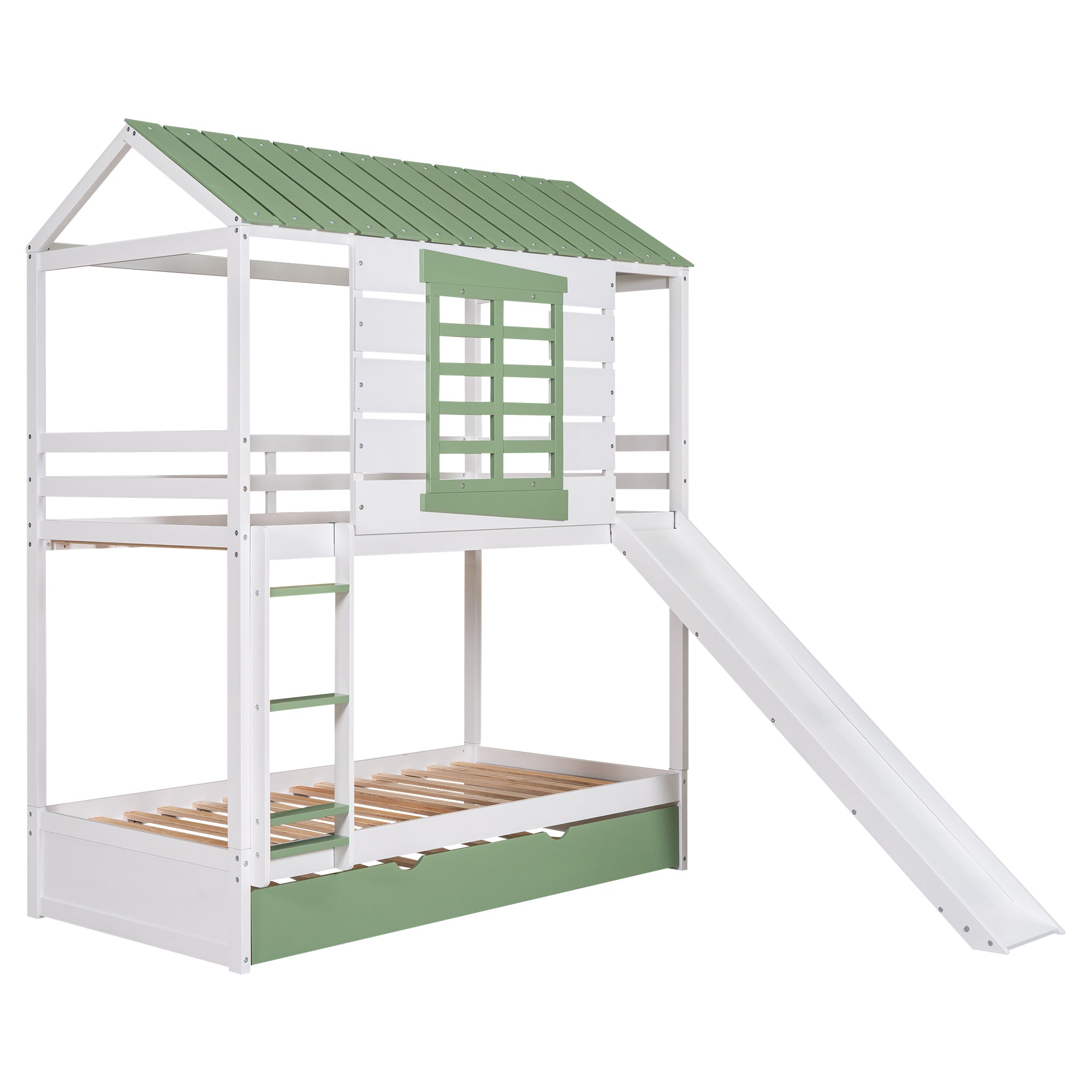 Twin over Twin Size House Bunk Bed with Convertible Slide and Trundle, White+Green - Atlantic Fine Furniture Melbourne FL