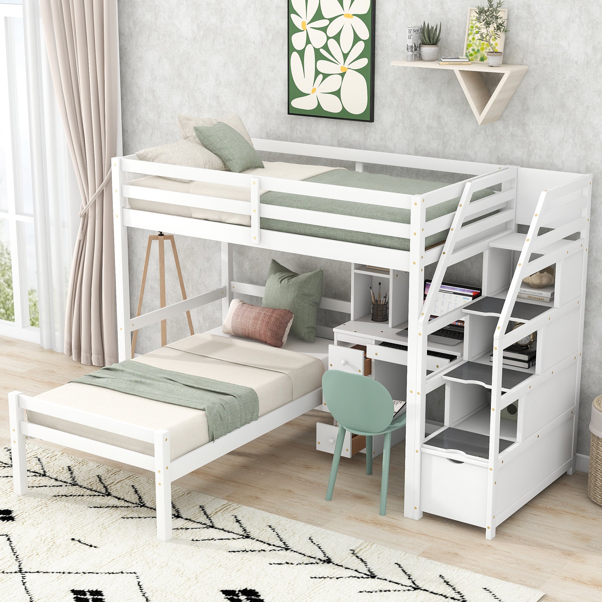 Twin Size Loft Bed with a Stand-alone Bed, Storage Staircase, Desk, Shelves and Drawers, White - Atlantic Fine Furniture Melbourne FL