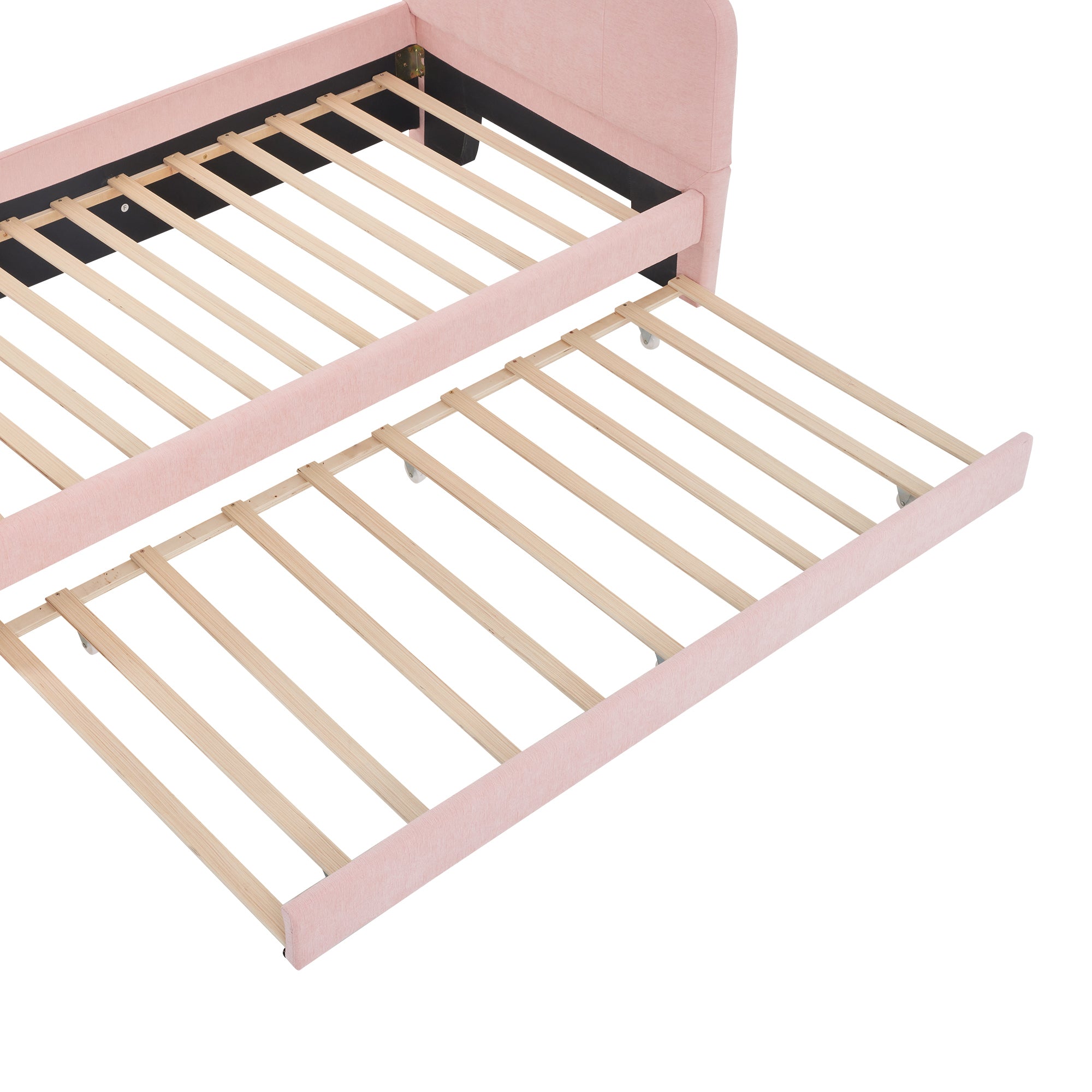 Twin Size Upholstered Platform Bed with Cartoon Ears Shaped Headboard and Trundle, Pink - Atlantic Fine Furniture Melbourne FL