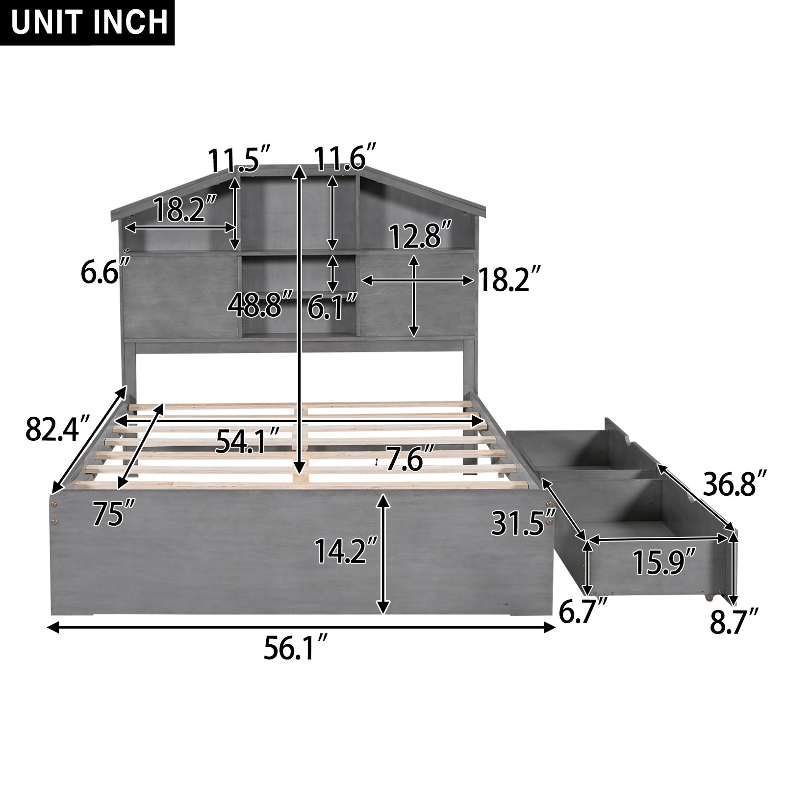 Full Size Wood Platform Bed with House-shaped Storage Headboard and 2 Drawers, Gray - Atlantic Fine Furniture Melbourne FL