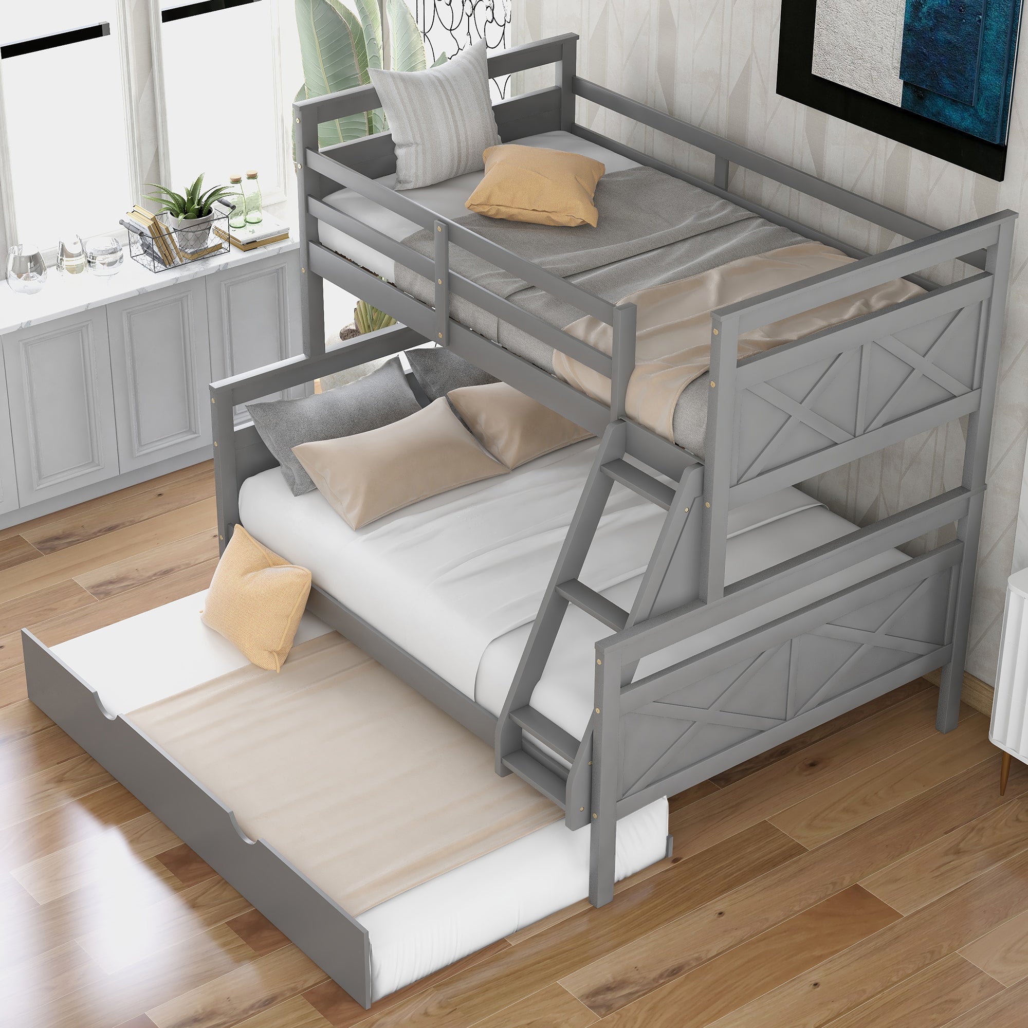 Twin over Full Bunk Bed with Ladder, Twin Size Trundle, Safety Guardrail, Gray - Atlantic Fine Furniture Melbourne FL