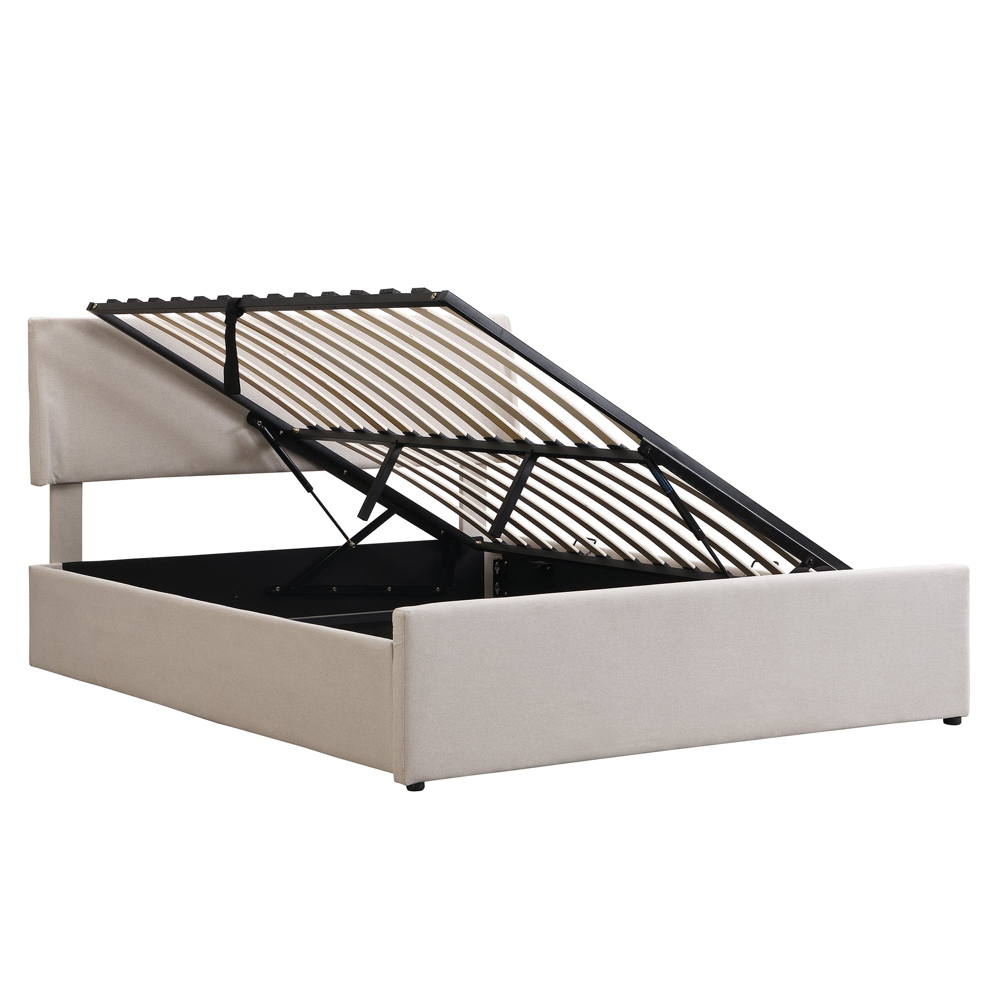 Queen Size Sleigh Bed with Side-Tilt Hydraulic Storage System, Linen Upholstery, Beige - Atlantic Fine Furniture Melbourne FL