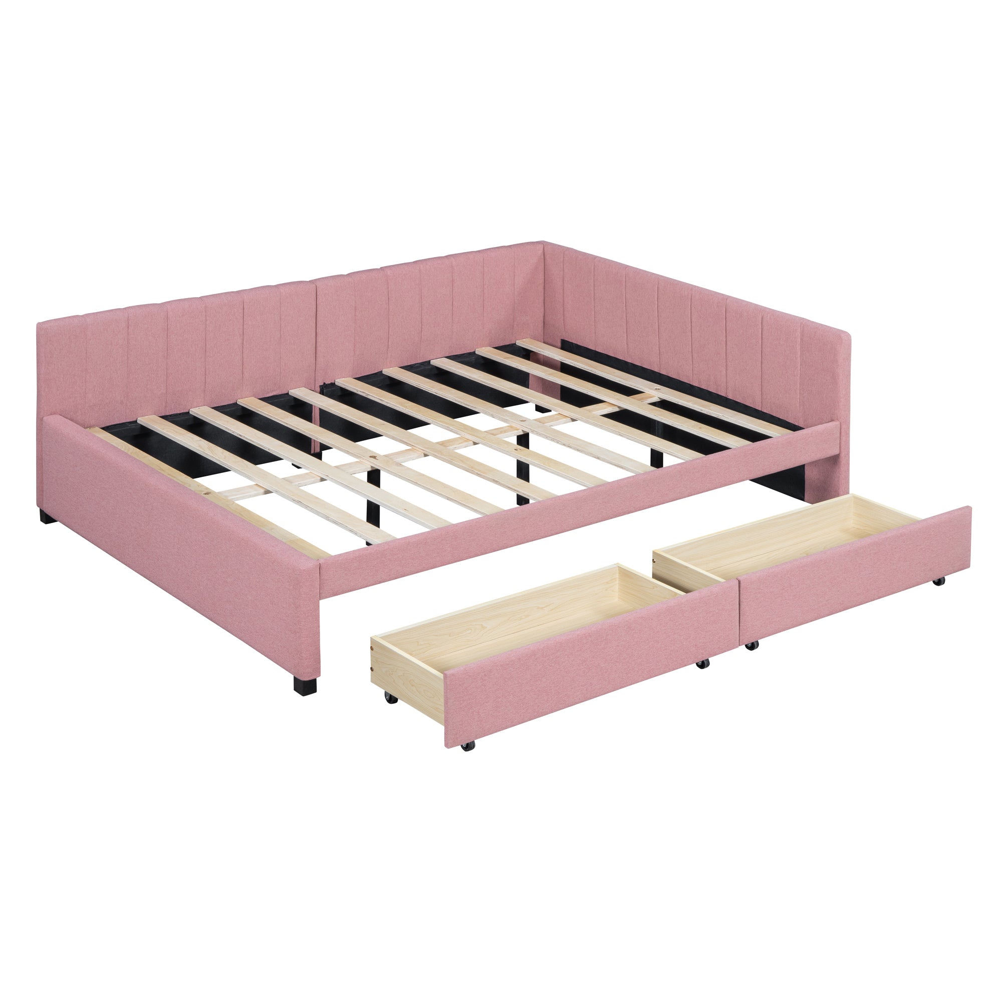 Full Size Upholstered Daybed with 2 Storage Drawers Sofa Bed Frame No Box Spring Needed, Linen Fabric (Pink) - Atlantic Fine Furniture Melbourne FL