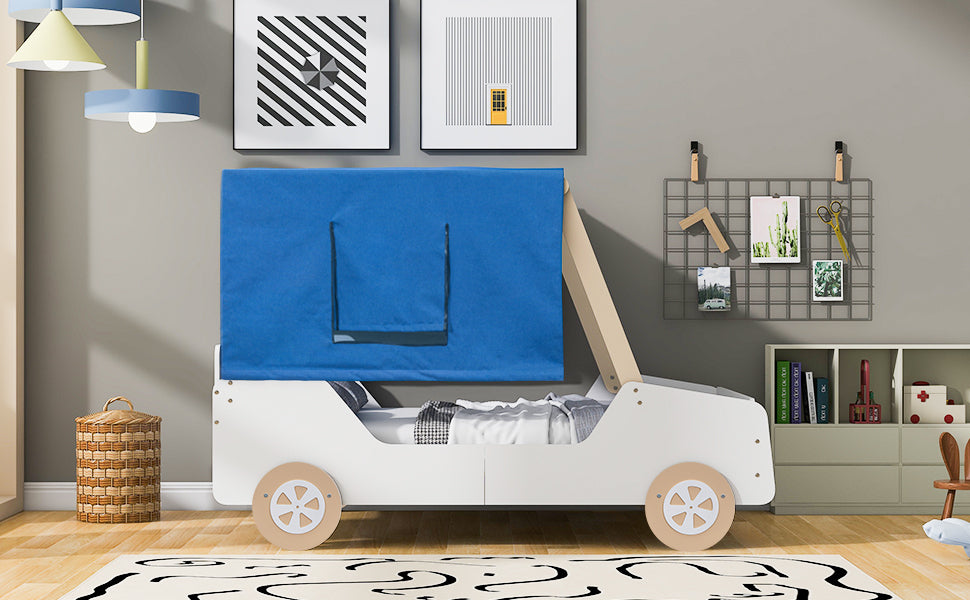 Full Size Car Shaped Bed with Tents,White+Natural - Atlantic Fine Furniture Melbourne FL