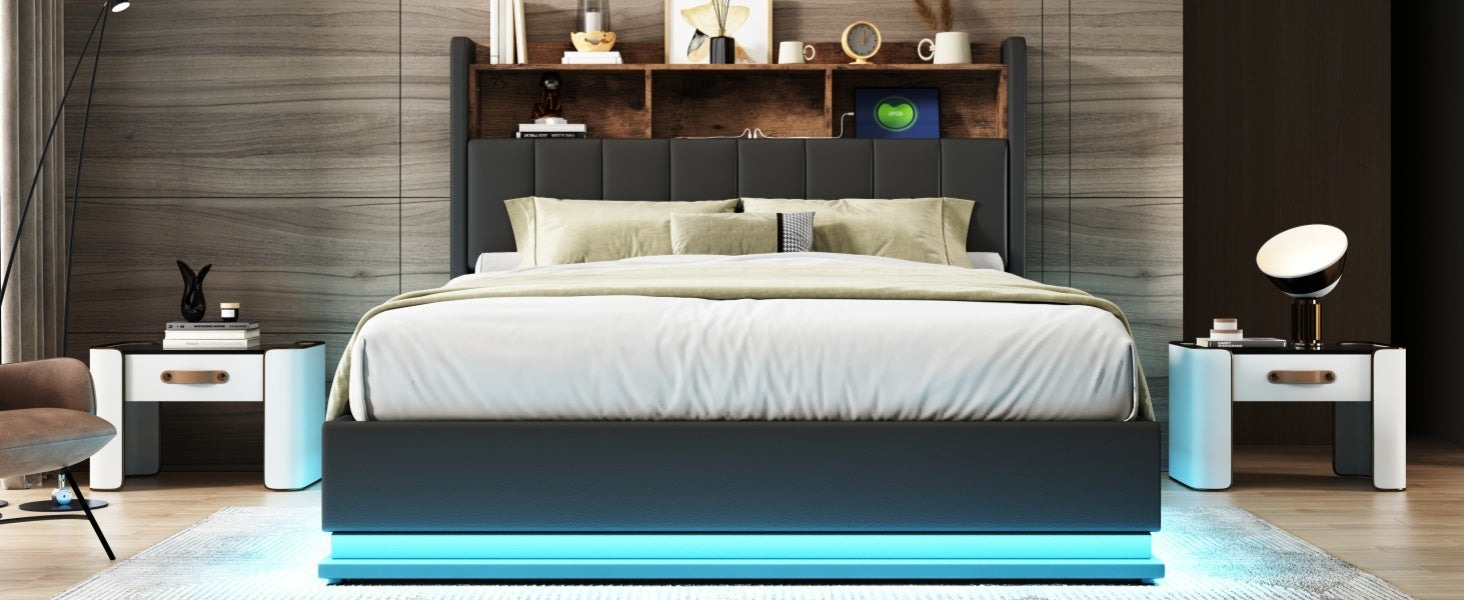 Queen Size Upholstered Platform Bed with Storage Headboard and Hydraulic Storage System, PU Storage Bed with LED Lights and USB charger, Black - Atlantic Fine Furniture Melbourne FL