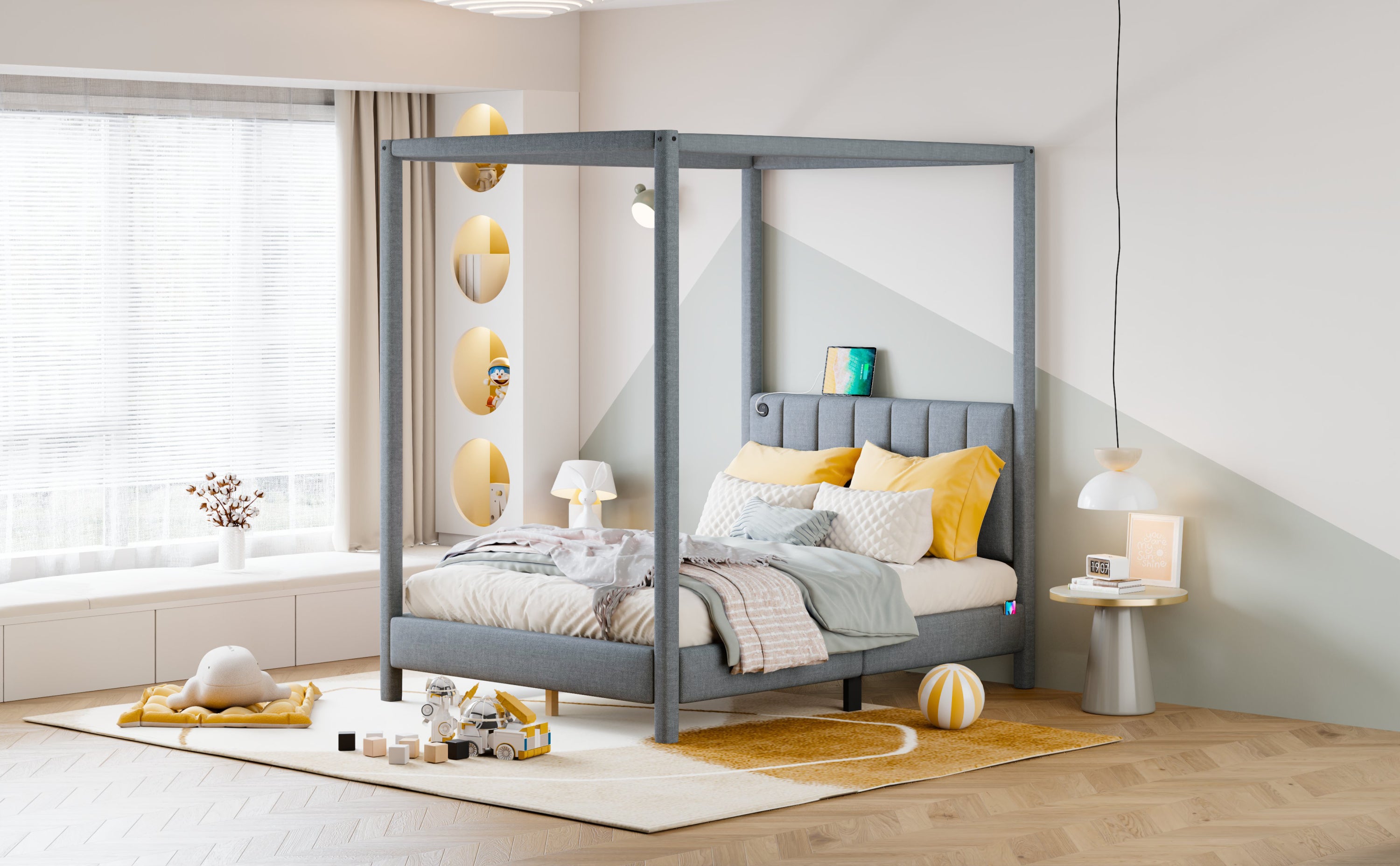 Full Size Canopy Platform Bed with USB and Type-C Ports, Canvas, Gray - Atlantic Fine Furniture Melbourne FL