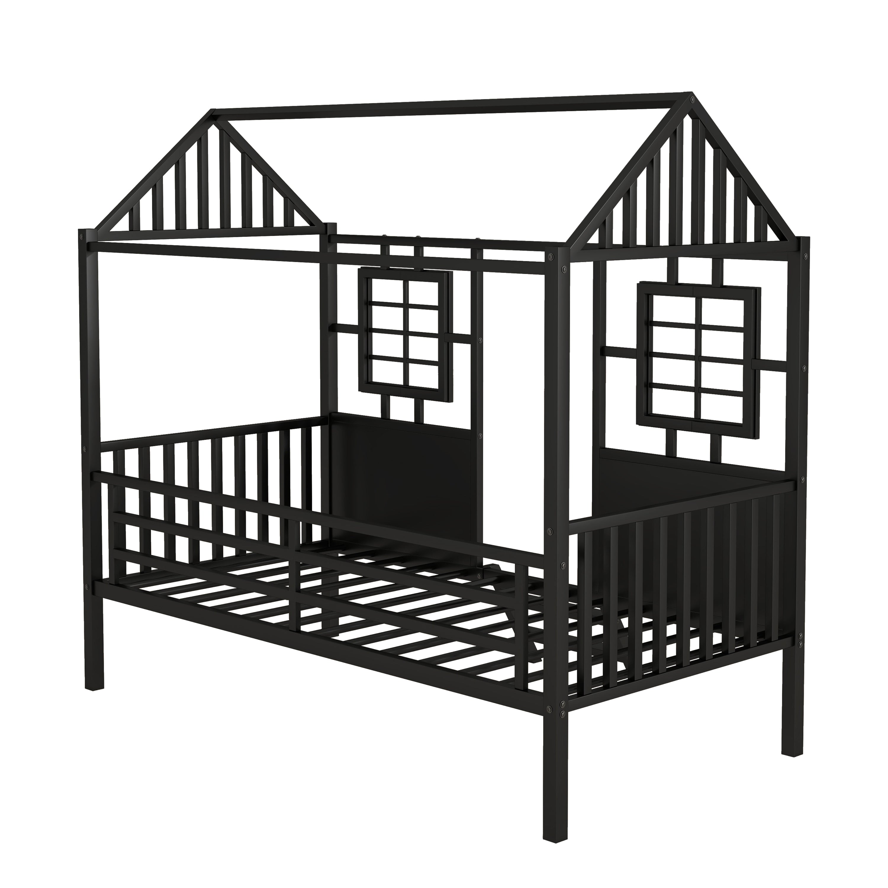 Twin Size Metal Low Loft House Bed with Roof and Two Front Windows , Black - Atlantic Fine Furniture Melbourne FL