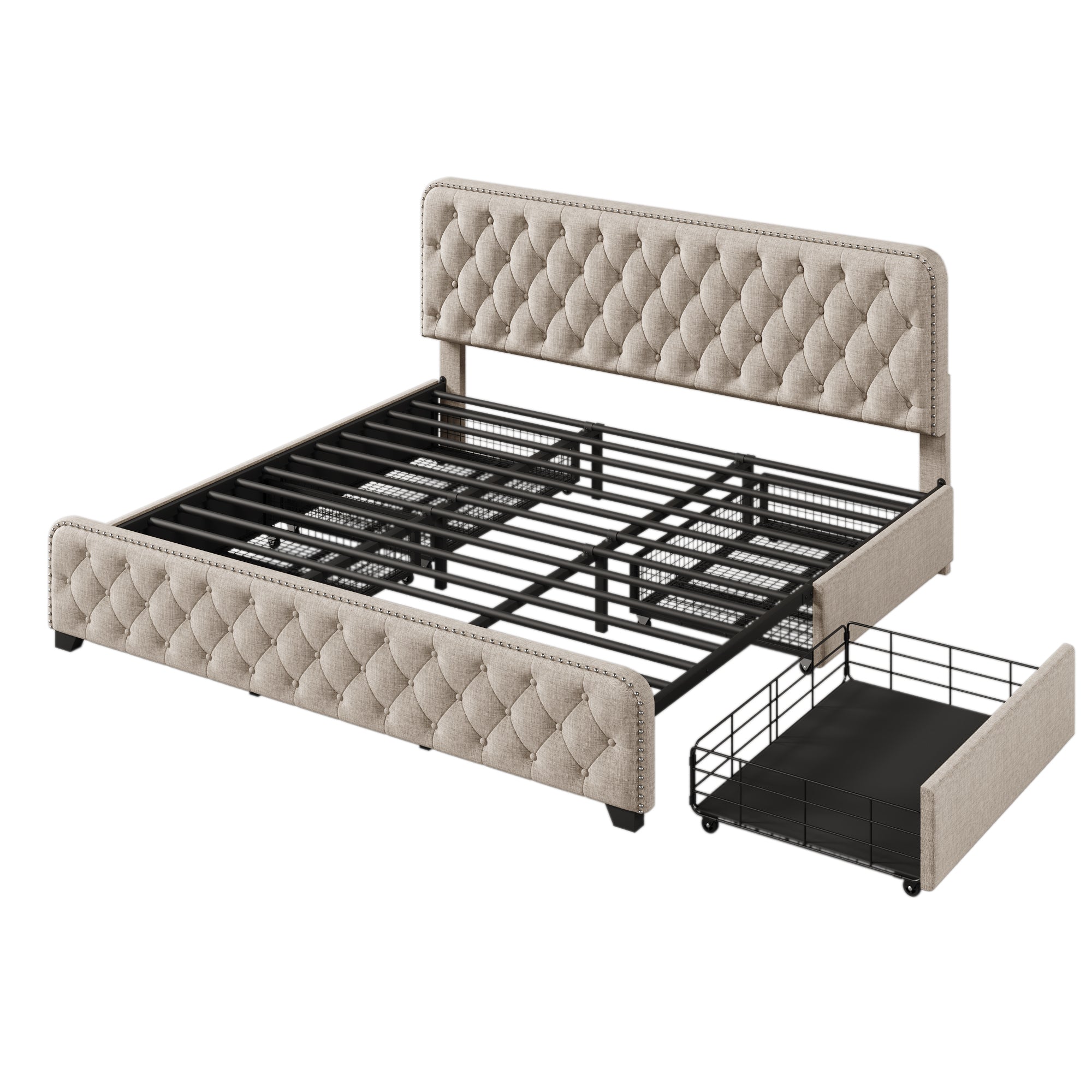 Upholstered Platform Bed Frame with Four Drawers, Button Tufted Headboard and Footboard Sturdy Metal Support, No Box Spring Required, Beige, King (Old sku:BS300277AAA) - Atlantic Fine Furniture Melbourne FL