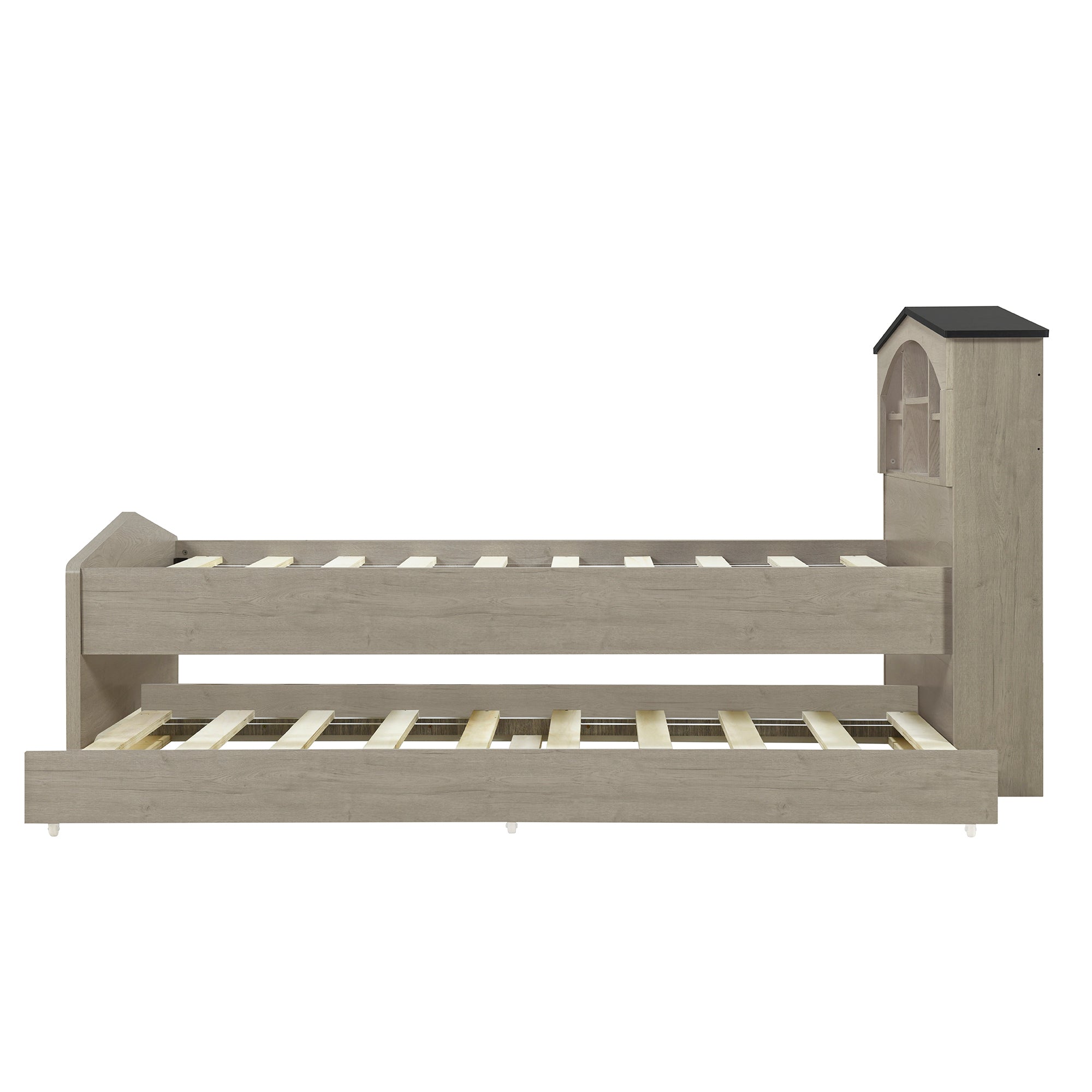 Twin Size Wood Platform Bed with House-shaped Storage Headboard and Trundle, Gray - Atlantic Fine Furniture Melbourne FL