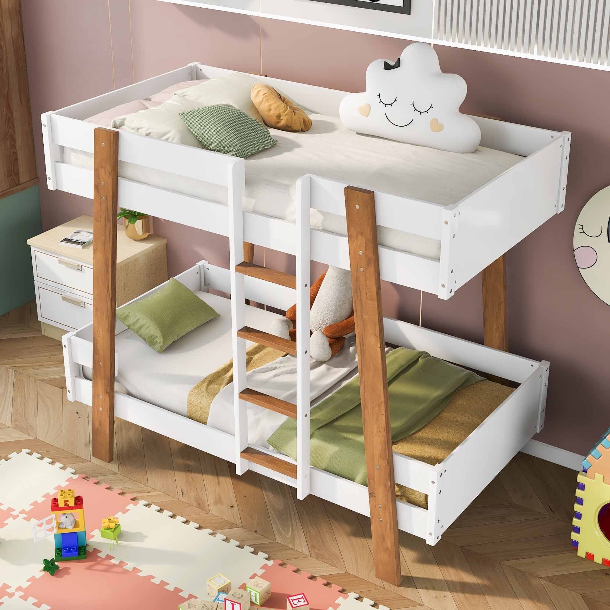 Wood Twin Size Bunk Bed with Built-in Ladder and 4 Wood Color Columns, White - Atlantic Fine Furniture Melbourne FL